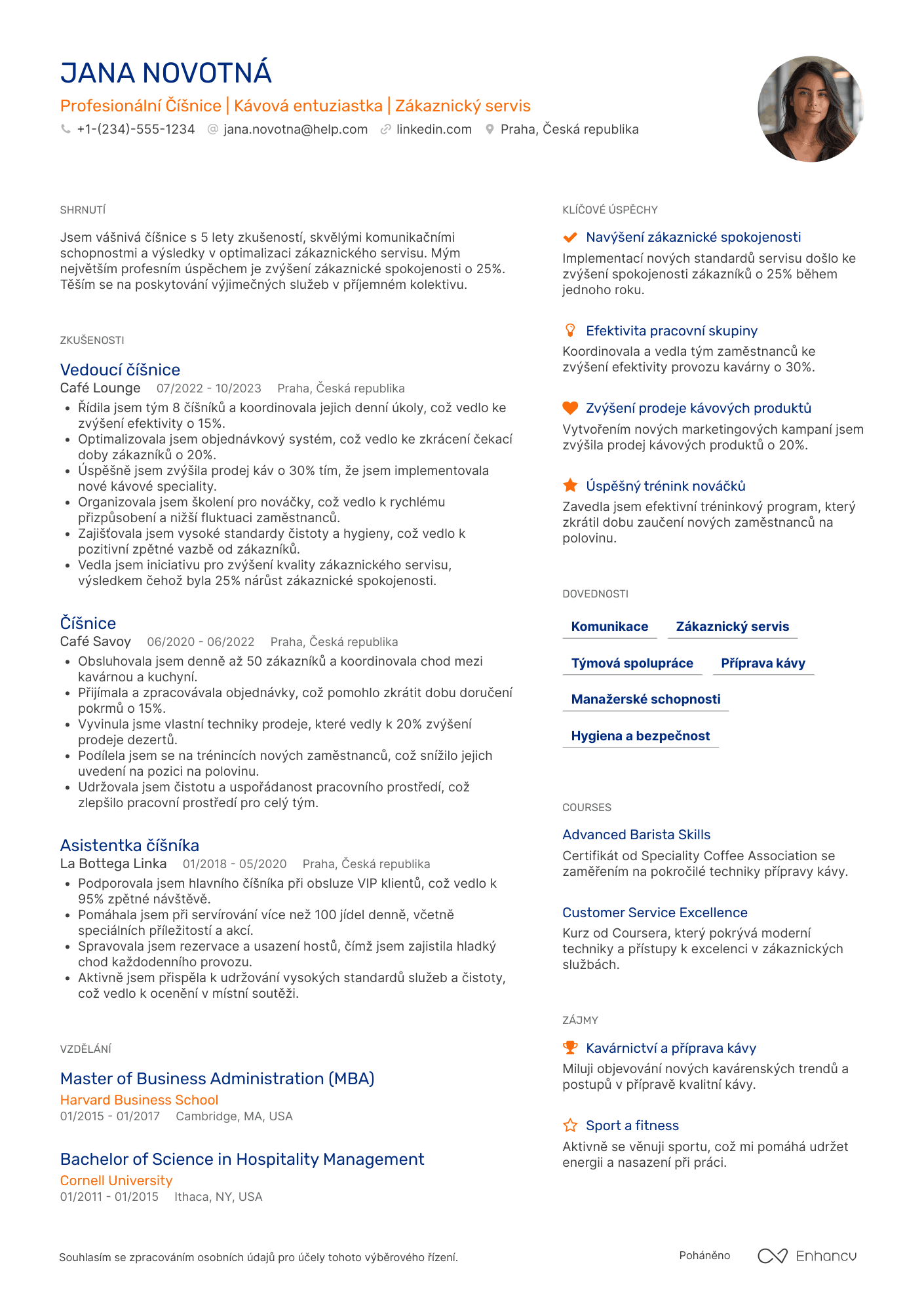 Životopis pro Číšník v kavárně Resume Example