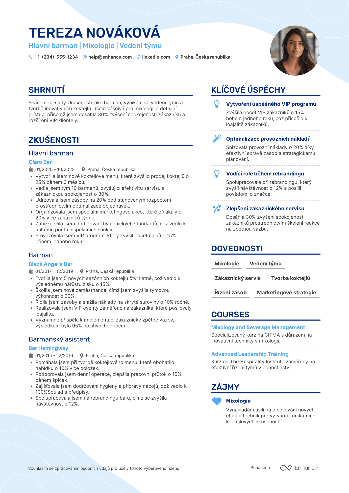 Životopis pro Hlavní barman Resume Example