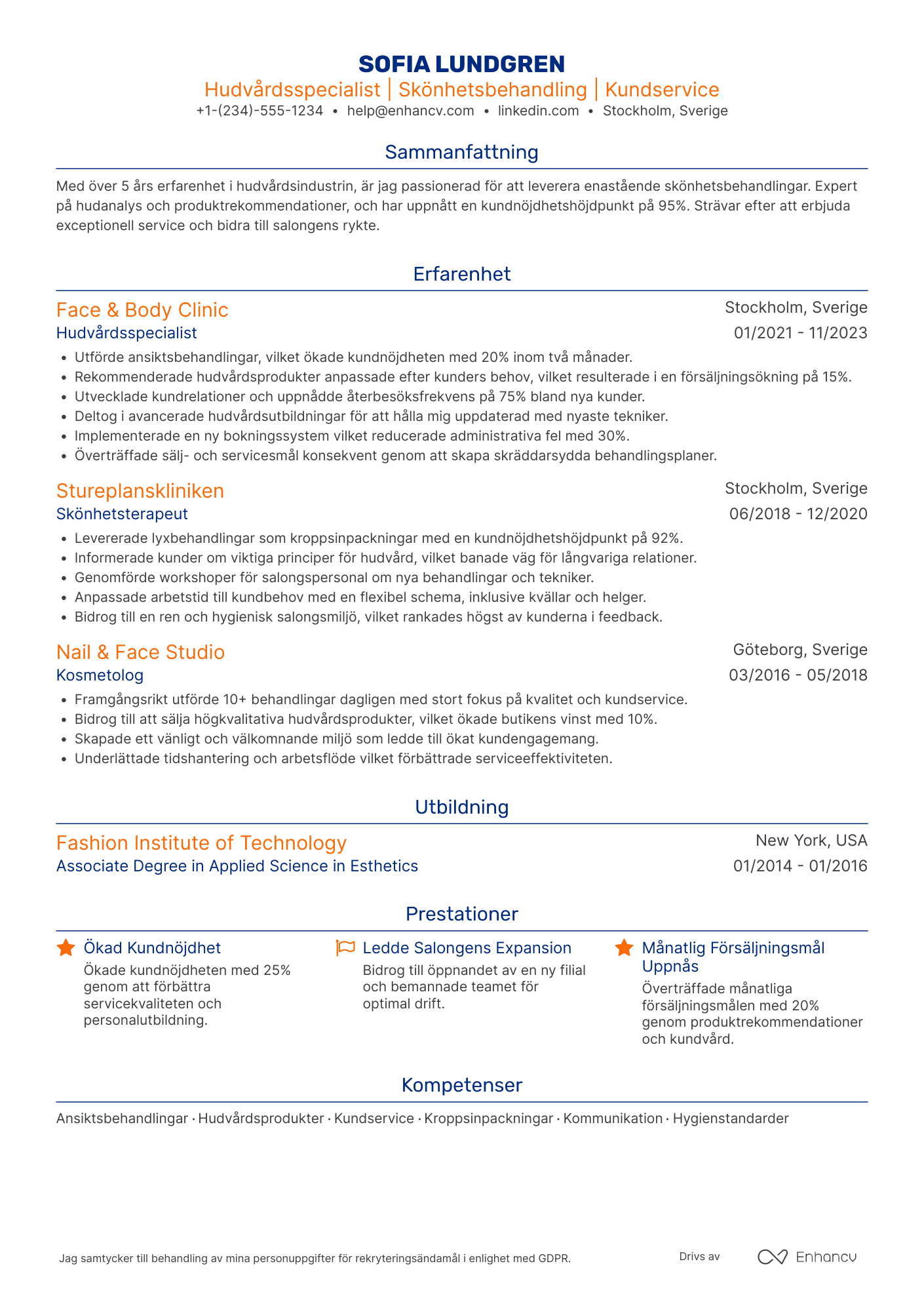 CV för Hudvårdsspecialist Skönhetsterapeut Resume Example
