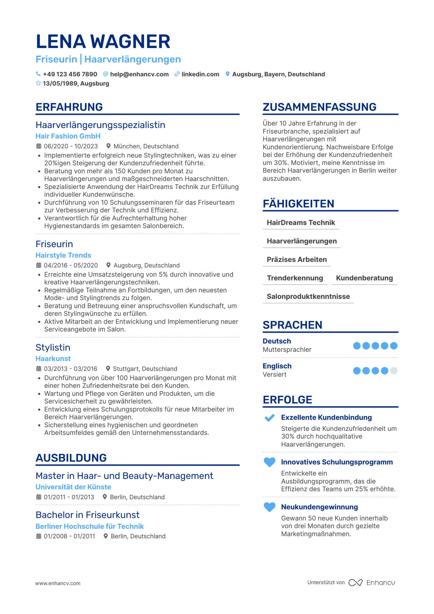 Lebenslauf als Friseurin mit Spezialisierung auf Haarverlängerungen Resume Example