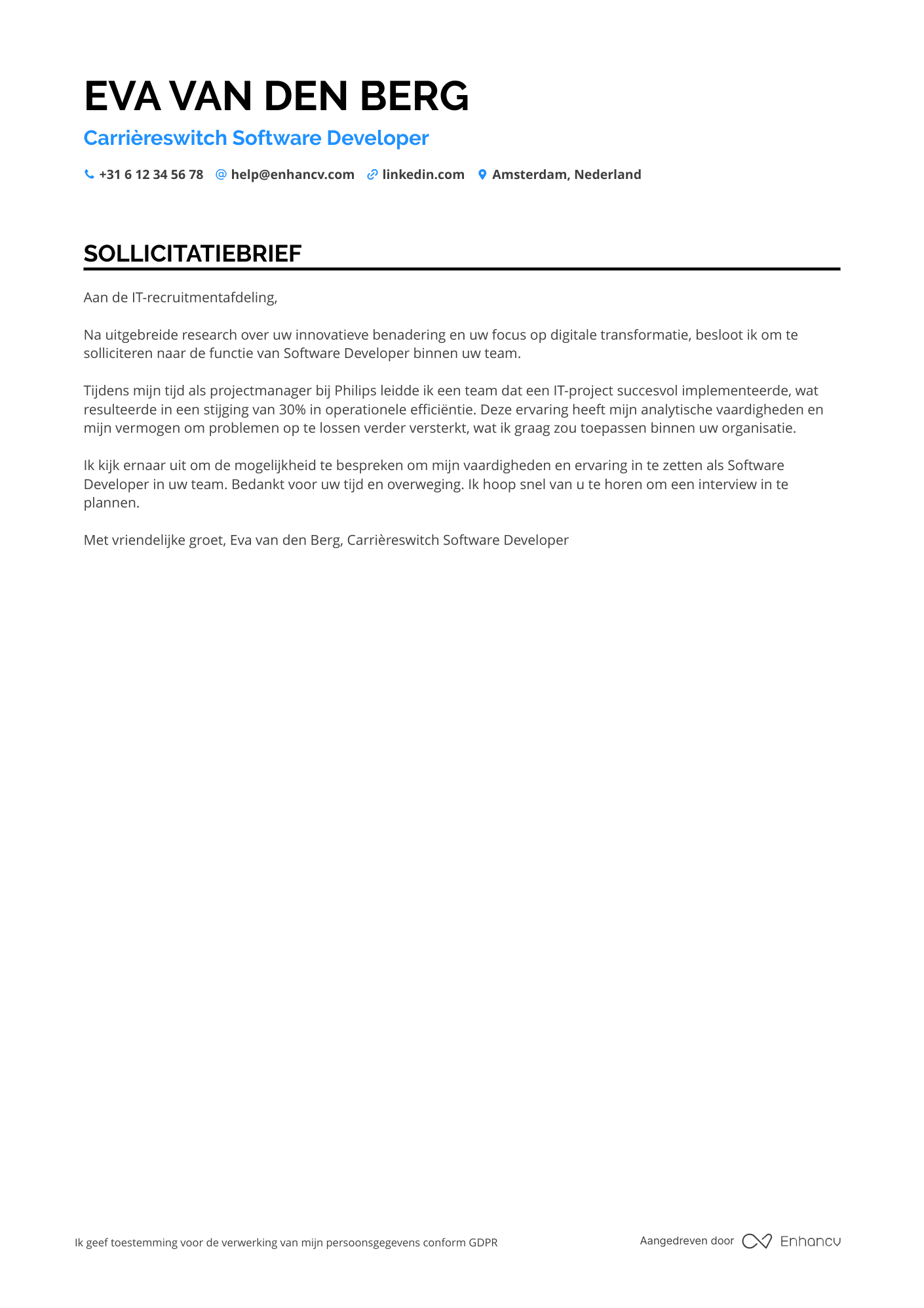 Sollicitatiebrief voor Carriereswitch Software Developer Resume Example