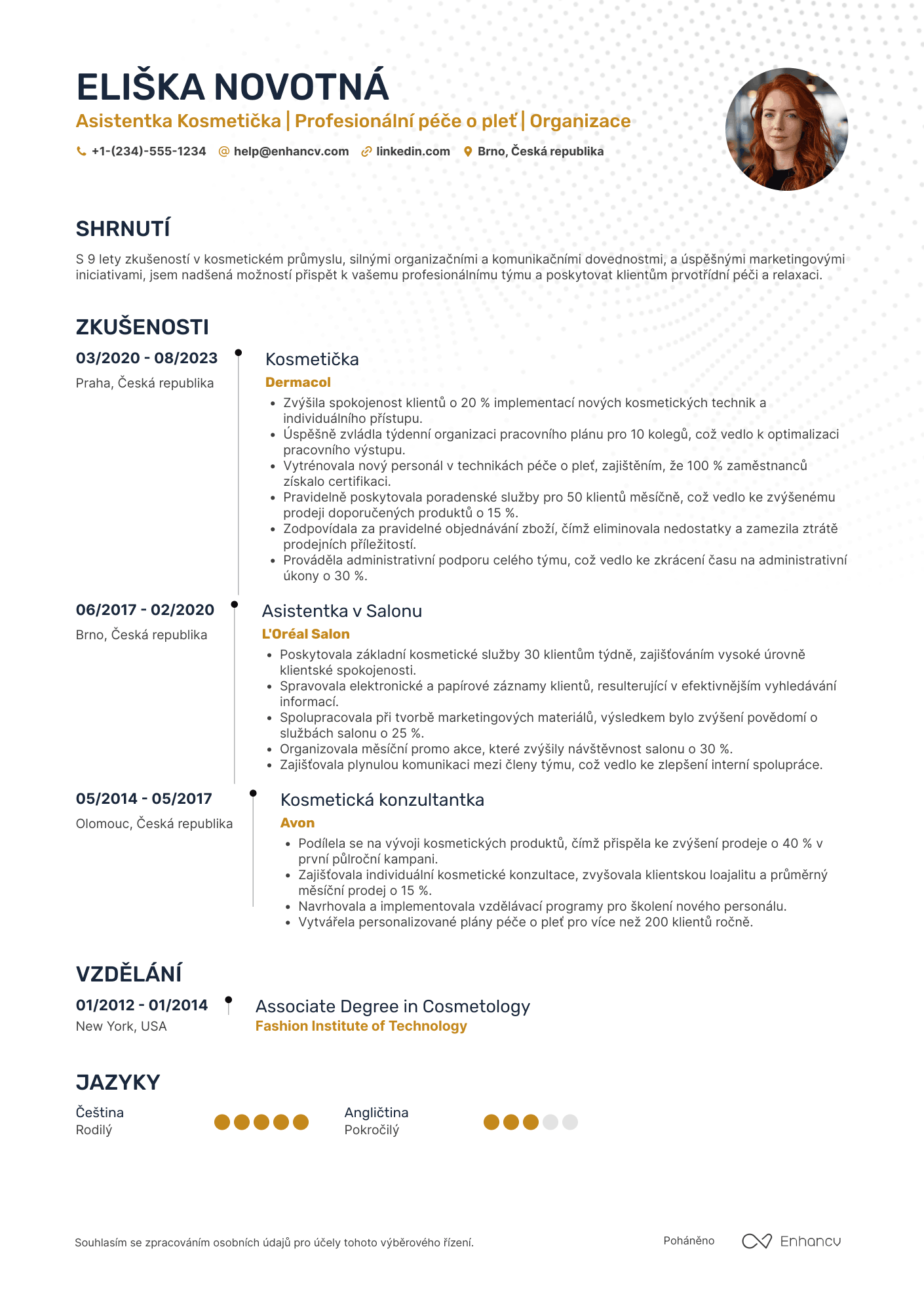 Životopis pro Asistentka Kosmetička Resume Example
