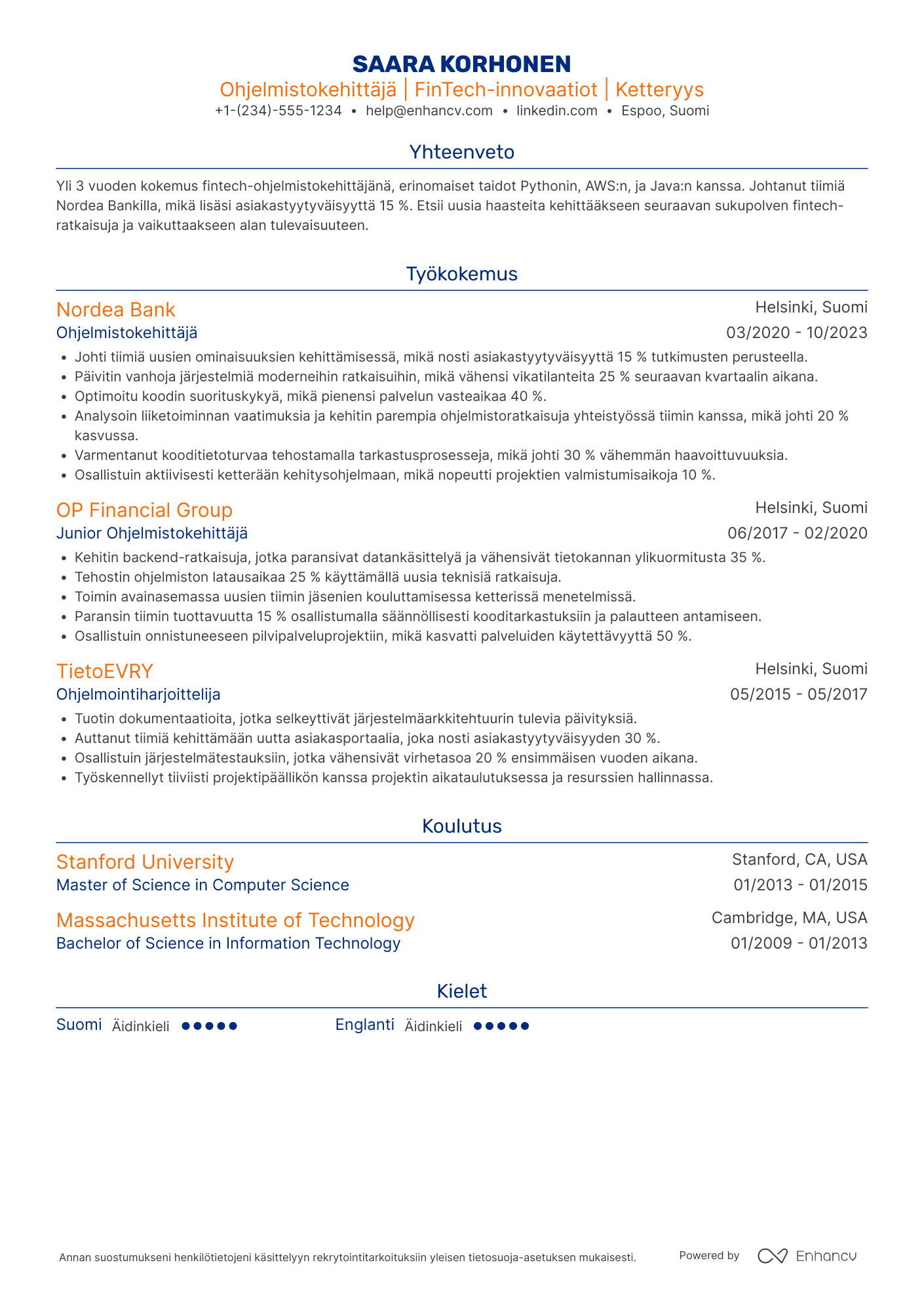 Ansioluettelo Ohjelmistokehittäjä Fintech Resume Example