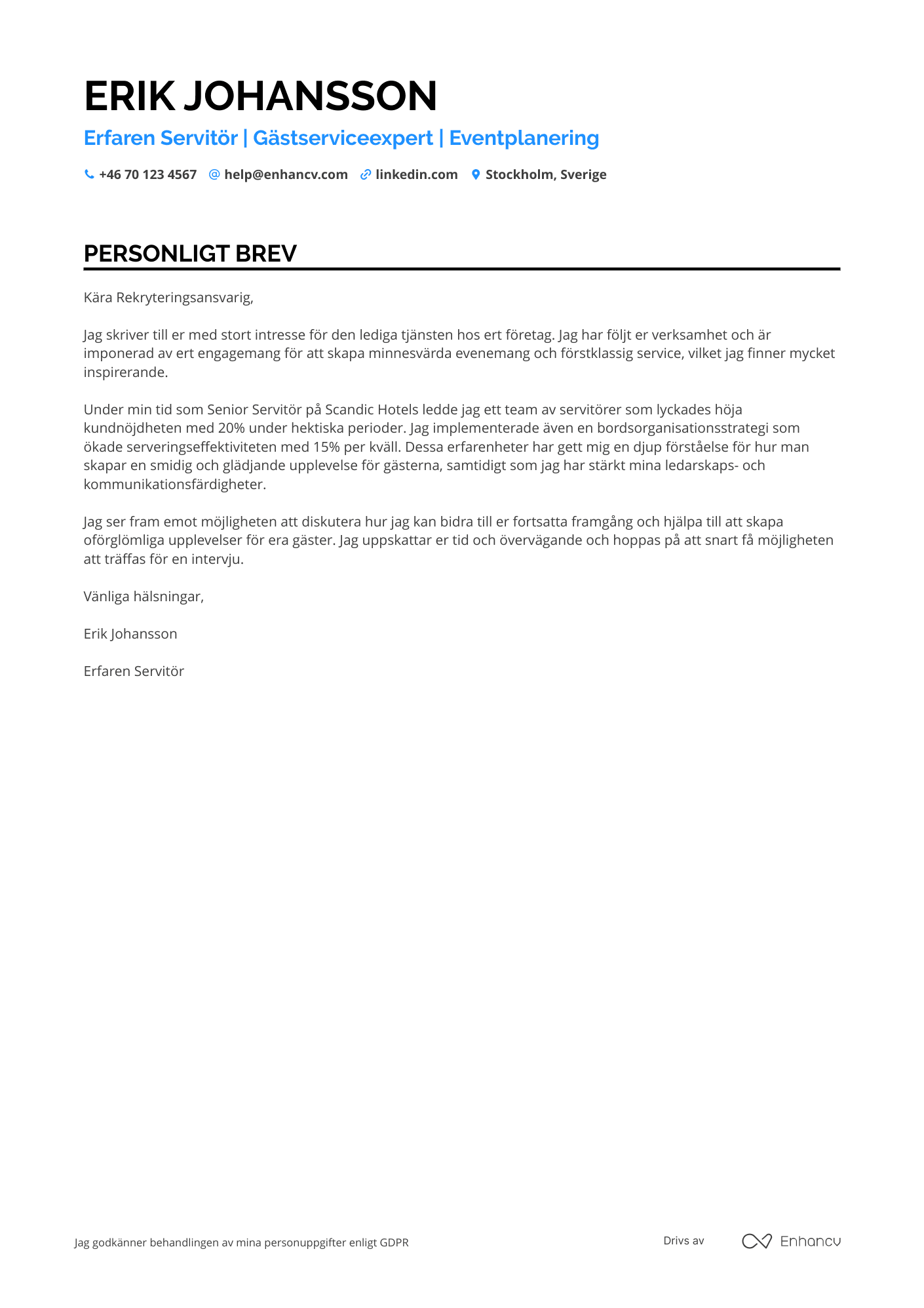 Personligt brev för Eventservitör Resume Example