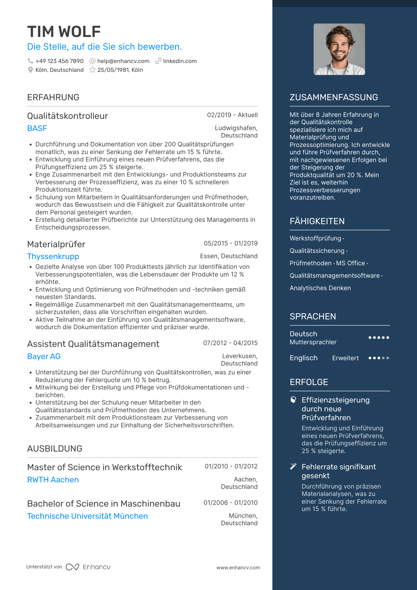 Lebenslauf als Qualitätskontrolleur für Materialprüfung Resume Example