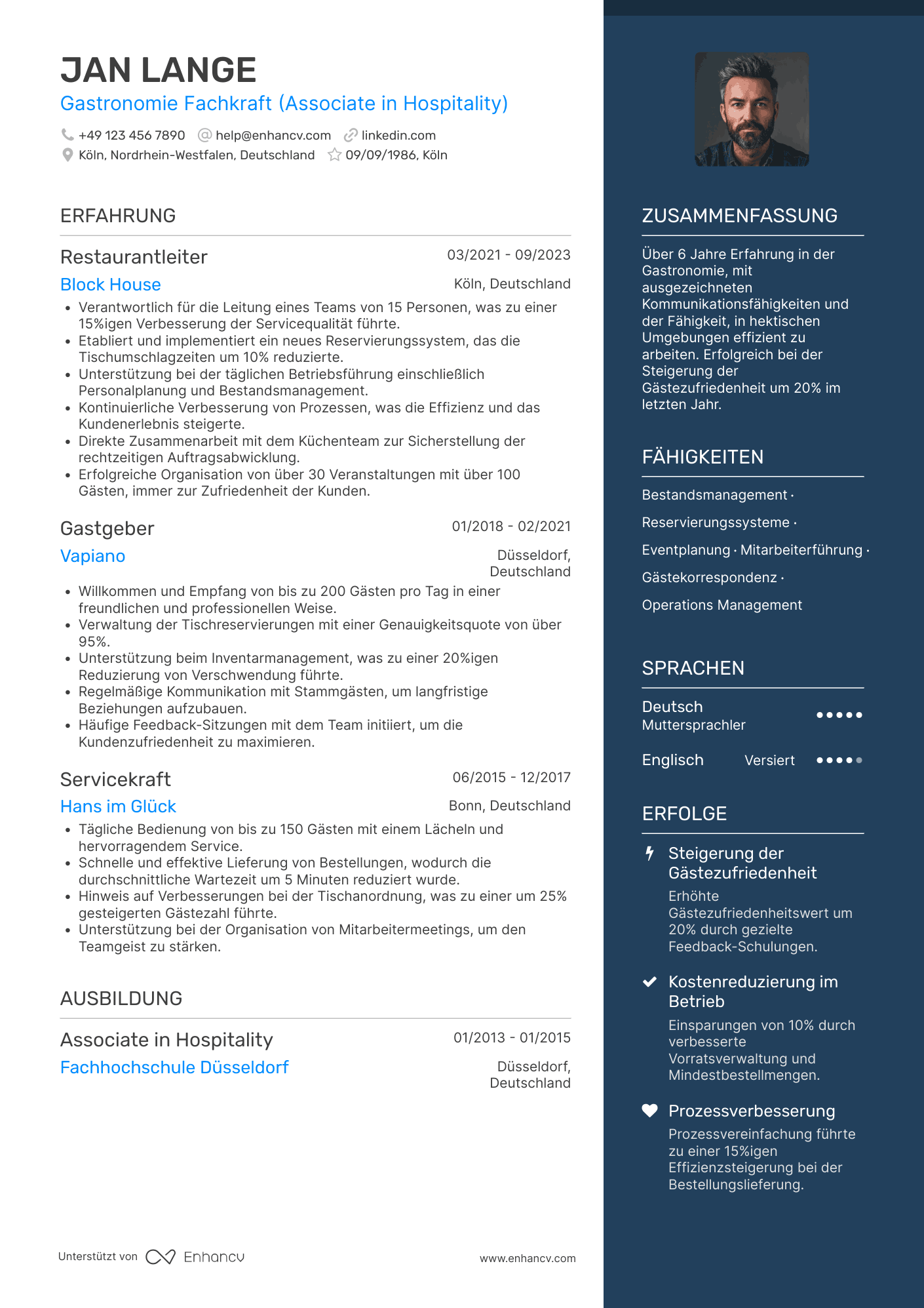 Lebenslauf als Gastronomie Assistent Resume Example