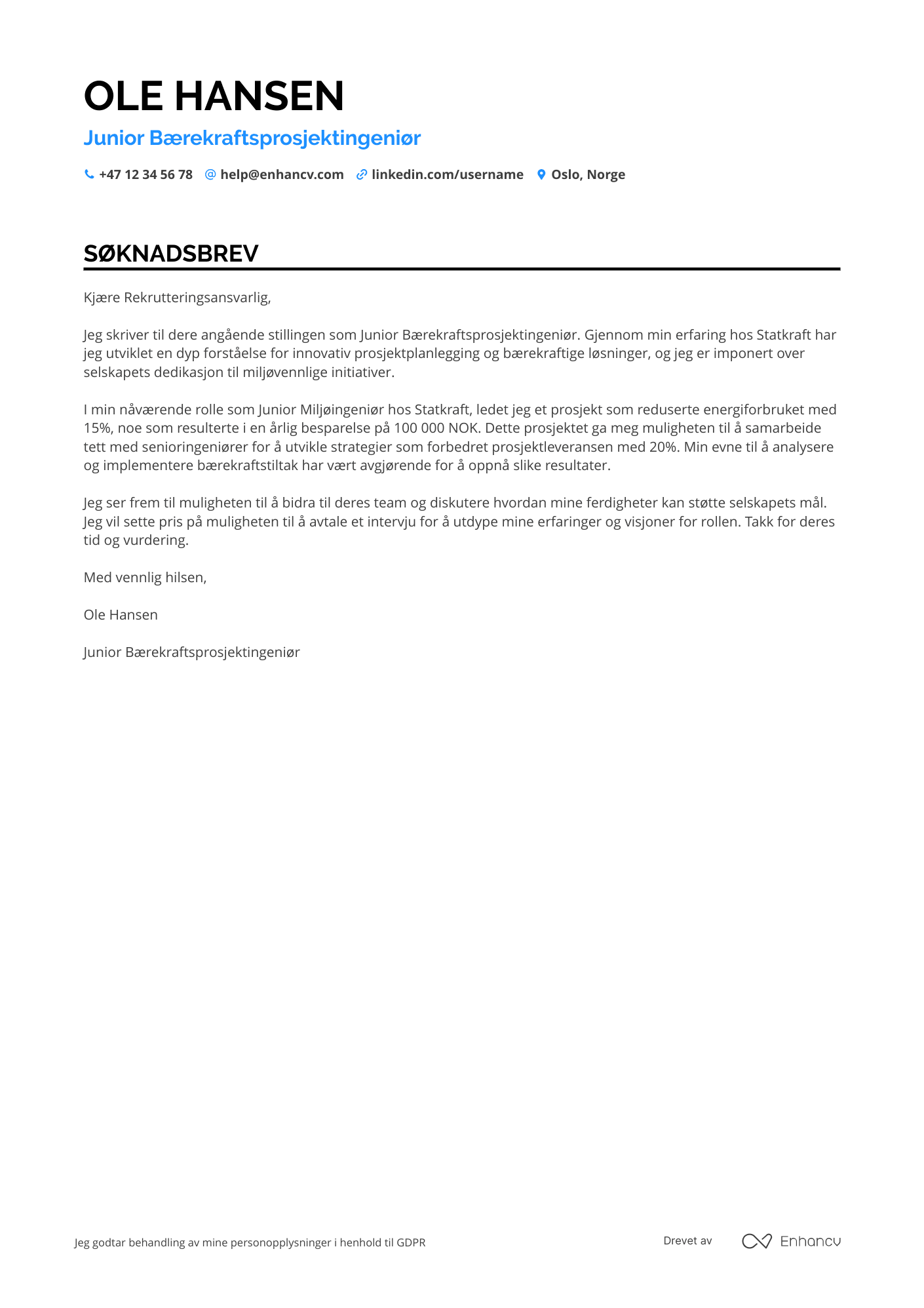 Søknadsbrev for Junior Bærekraftsprosjektingeniør Resume Example