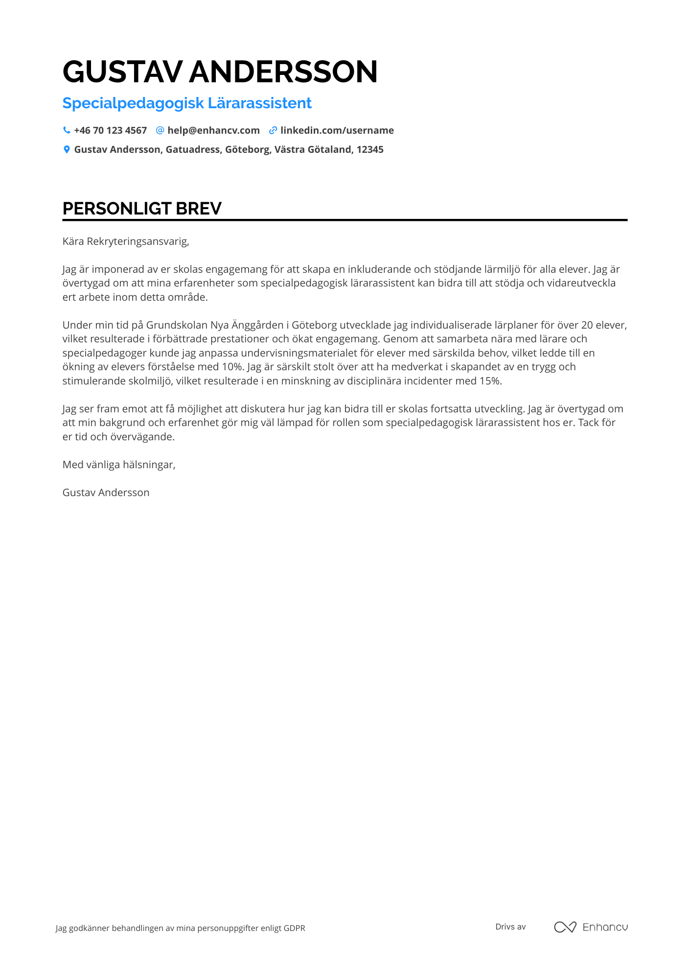 Personligt brev för Specialpedagogisk Lärarassistent Resume Example