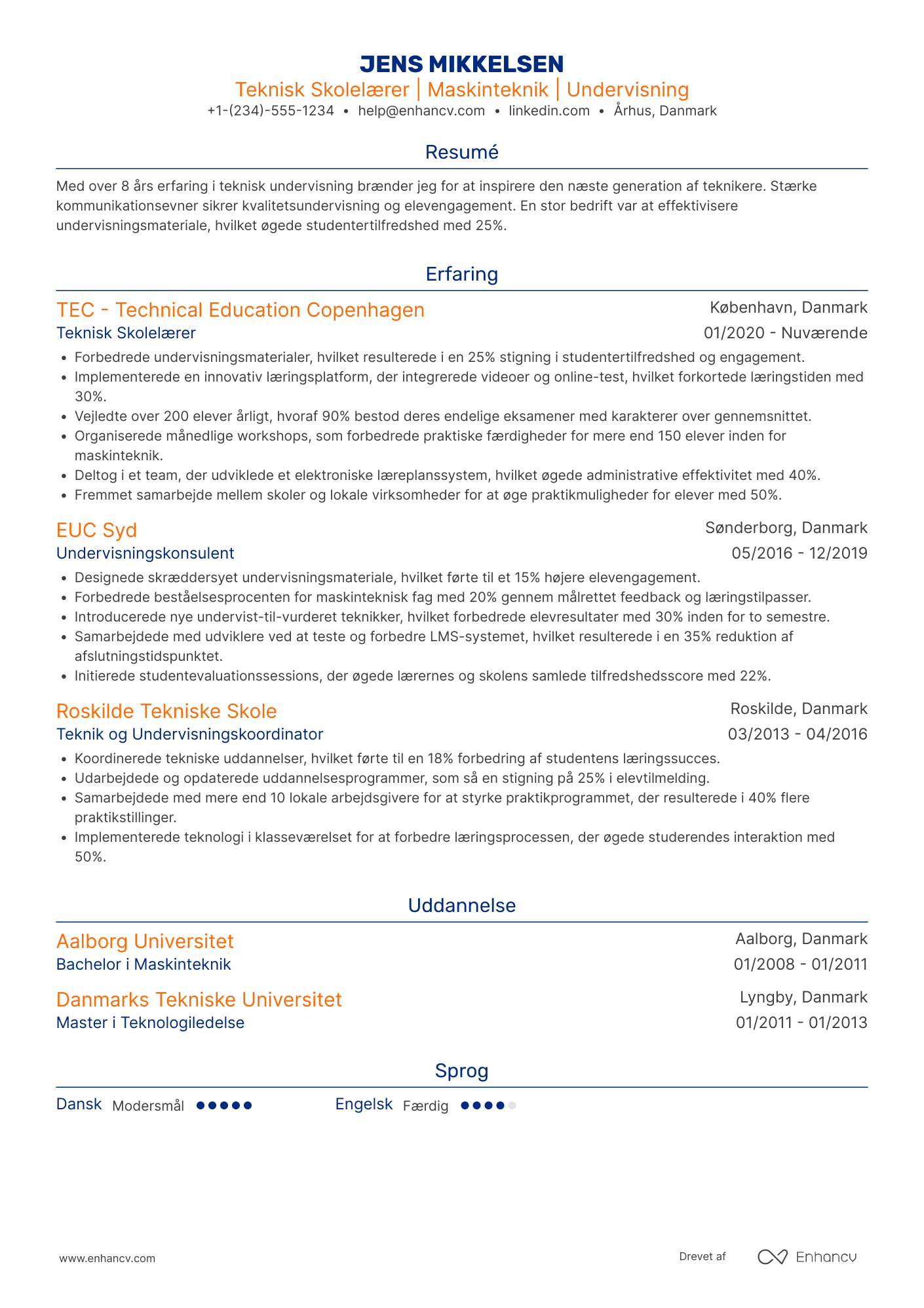 CV til Teknisk Skolelærer Resume Example
