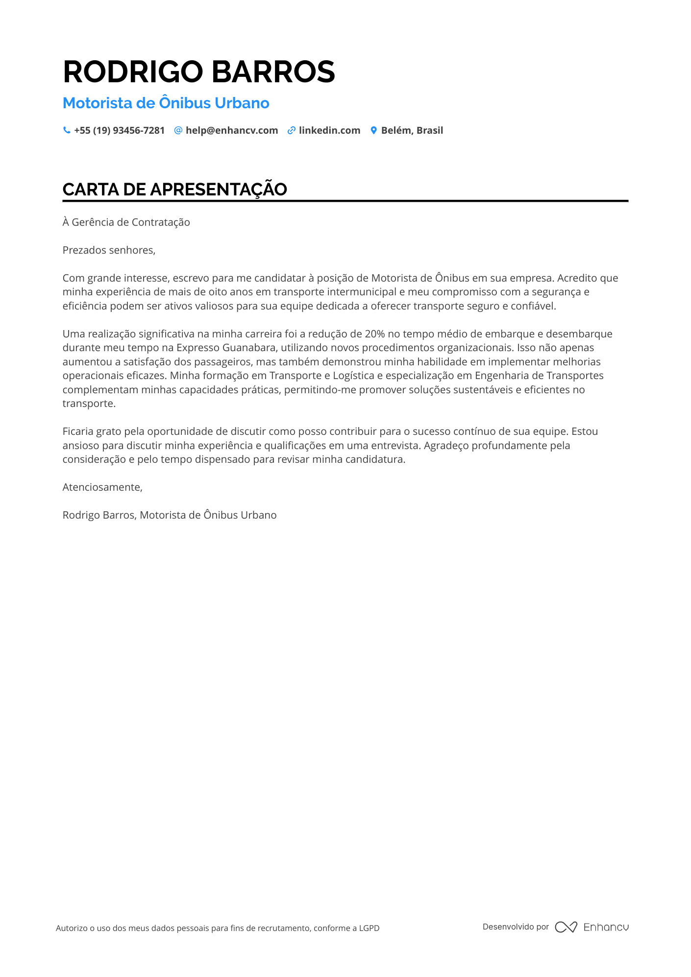 Motorista de ônibus de linha noturna Resume Example