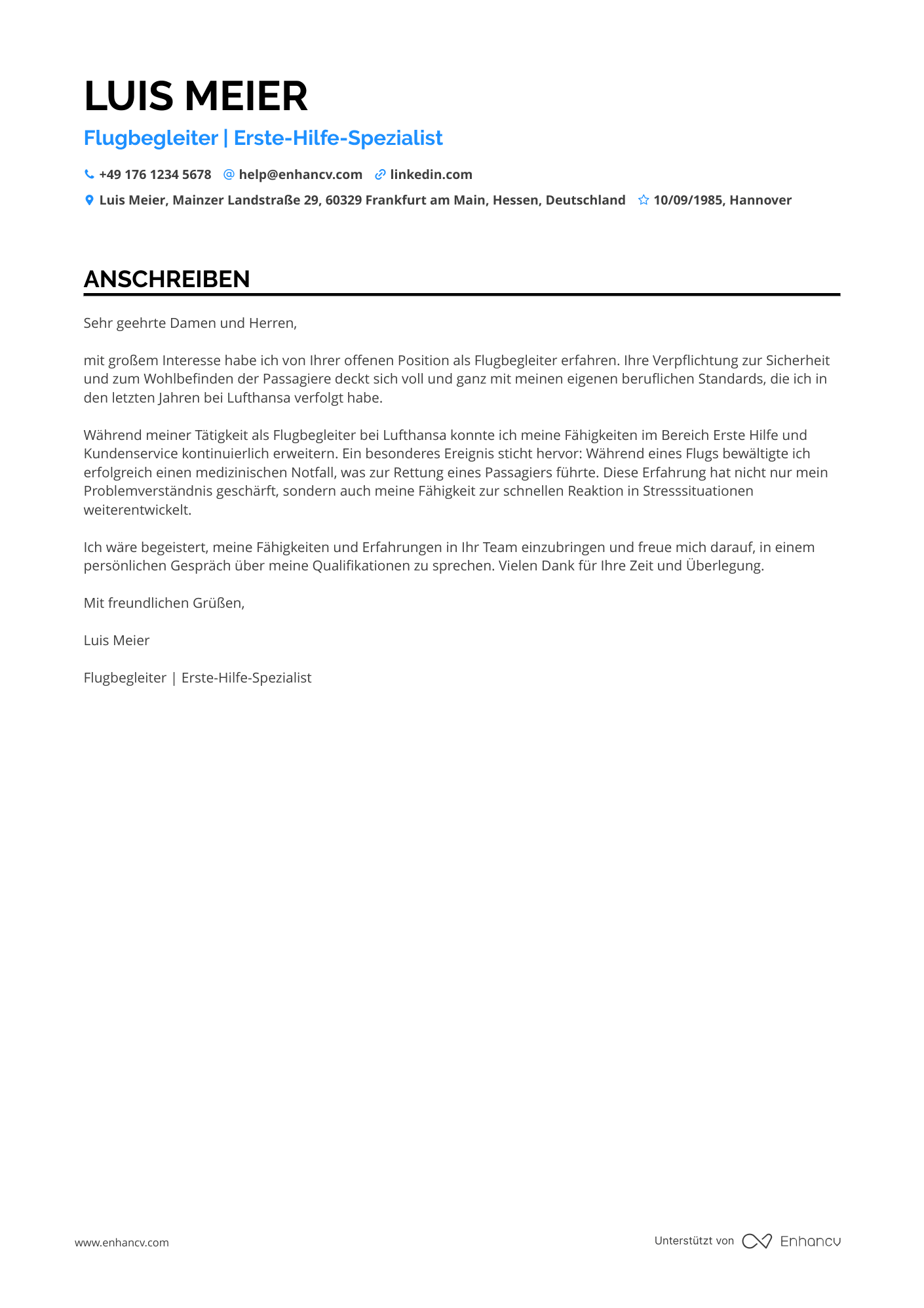 Flugbegleiter mit Erste Hilfe Ausbildung Resume Example
