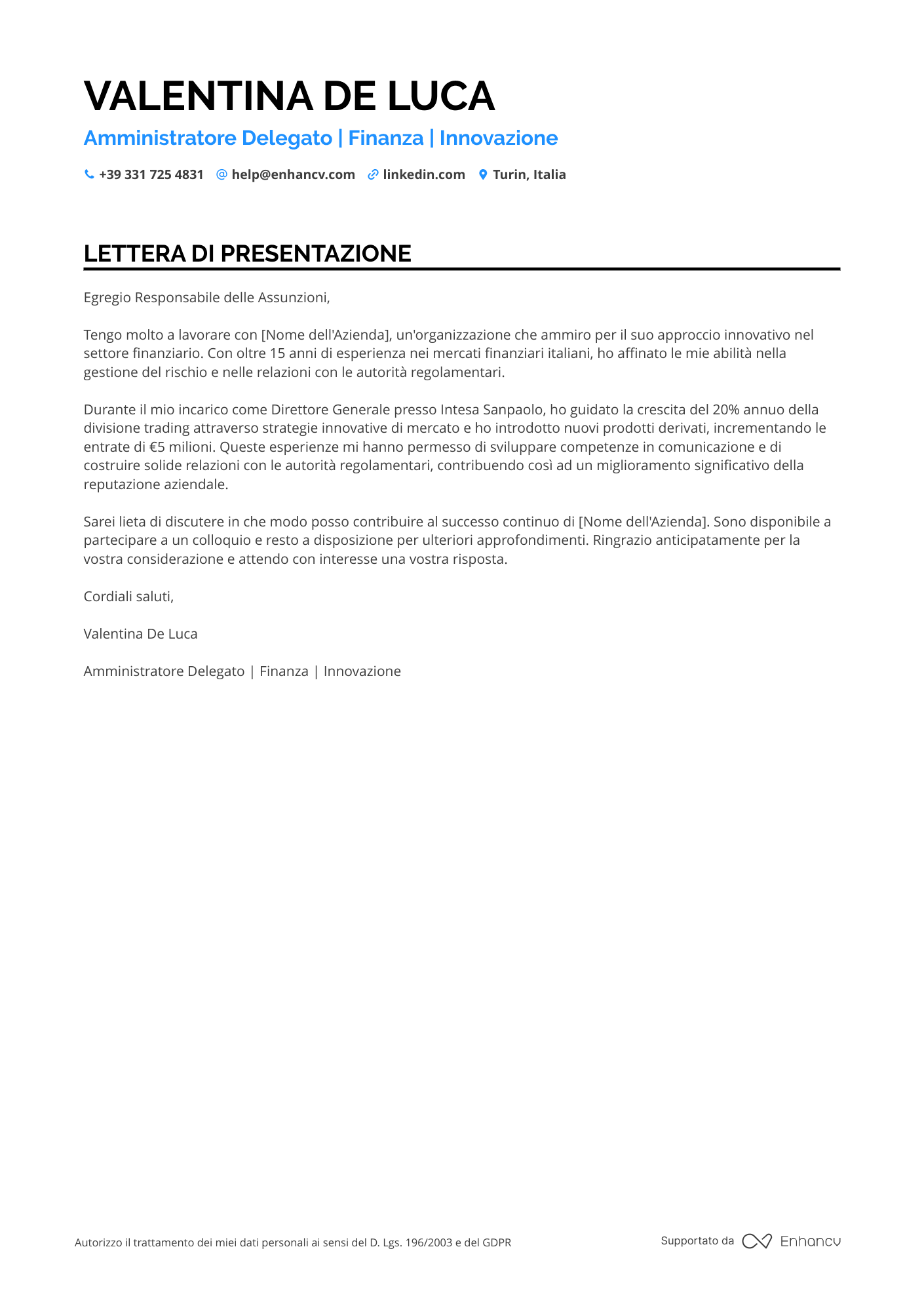 Amministratore Delegato nel Settore Finanziario Resume Example