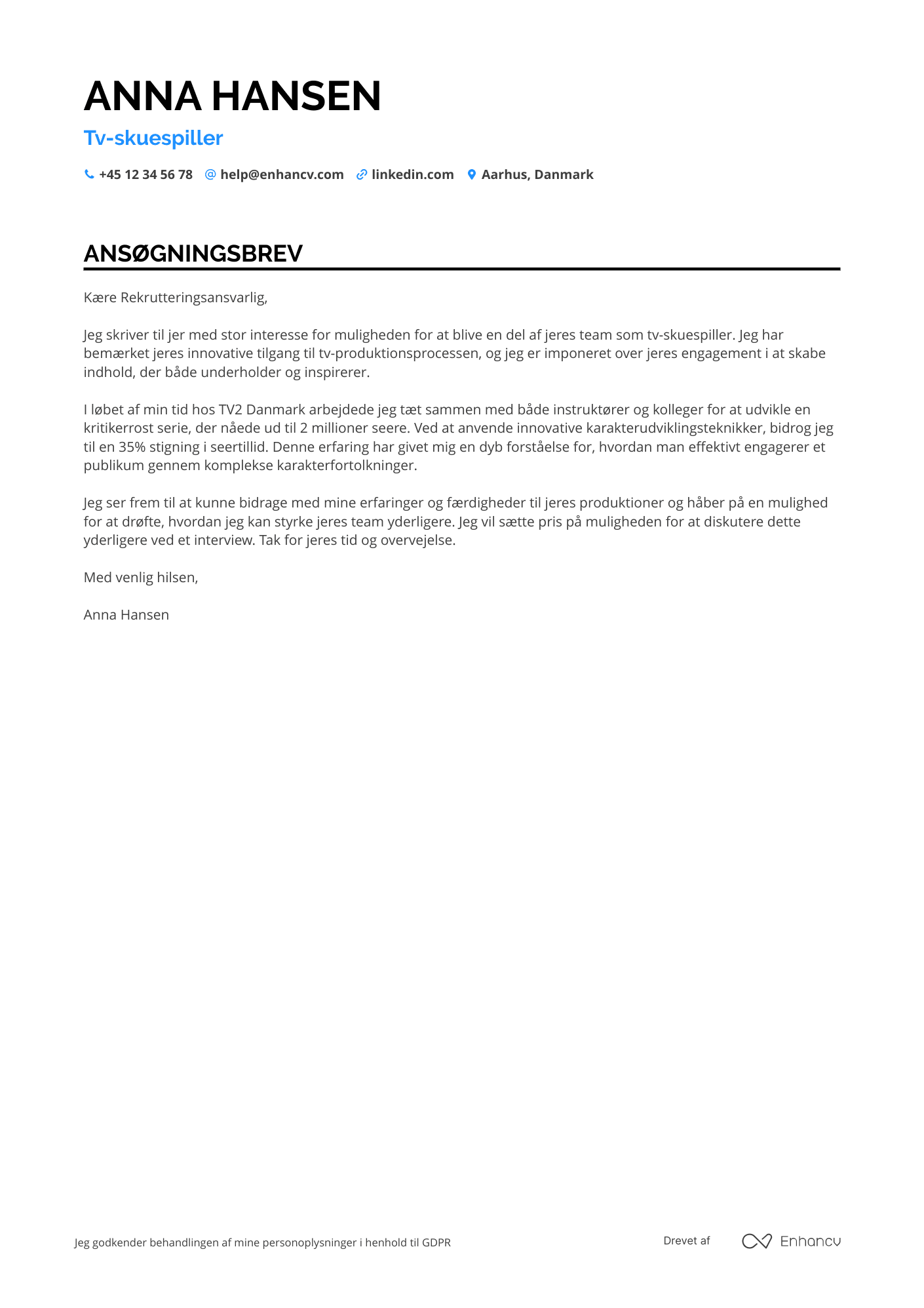 Ansøgningsbrev til Tv skuespiller Resume Example