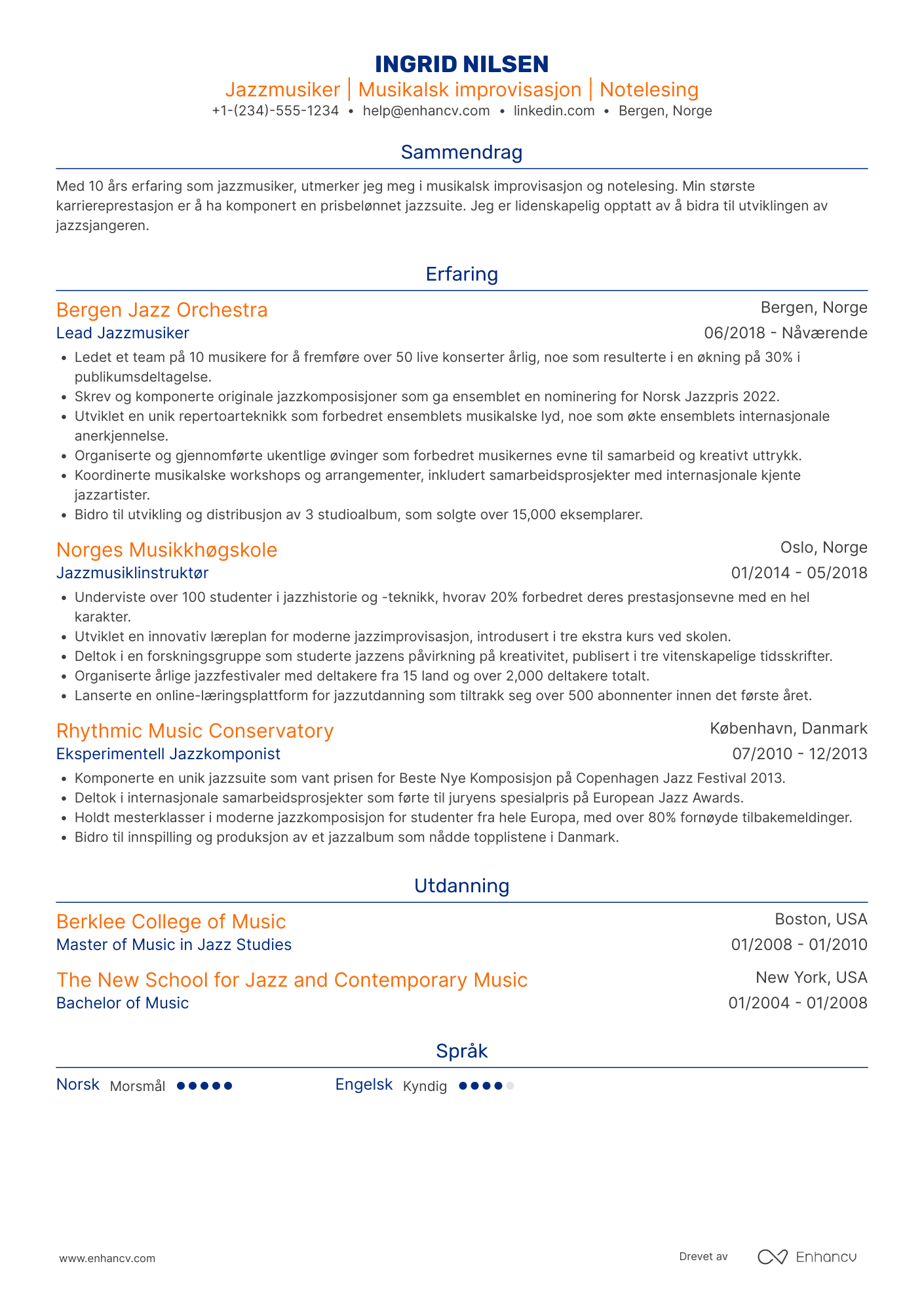 CV for Jazzmusiker Resume Example