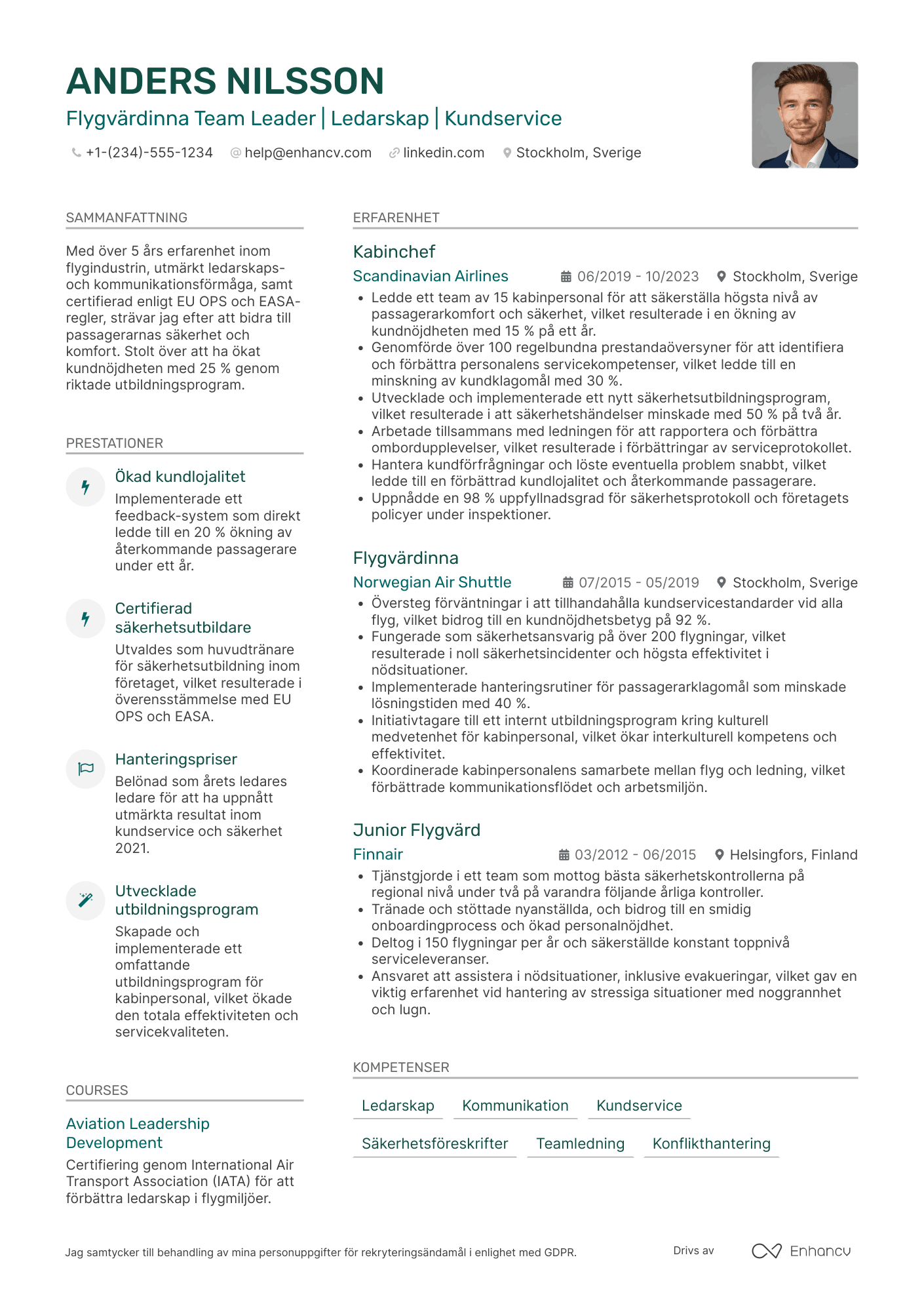 CV för Flygvärdinna Team Leader Resume Example