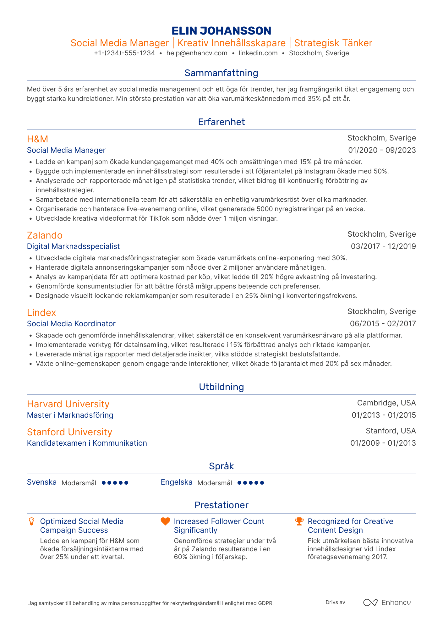 CV för Social Media Manager for Retail Resume Example