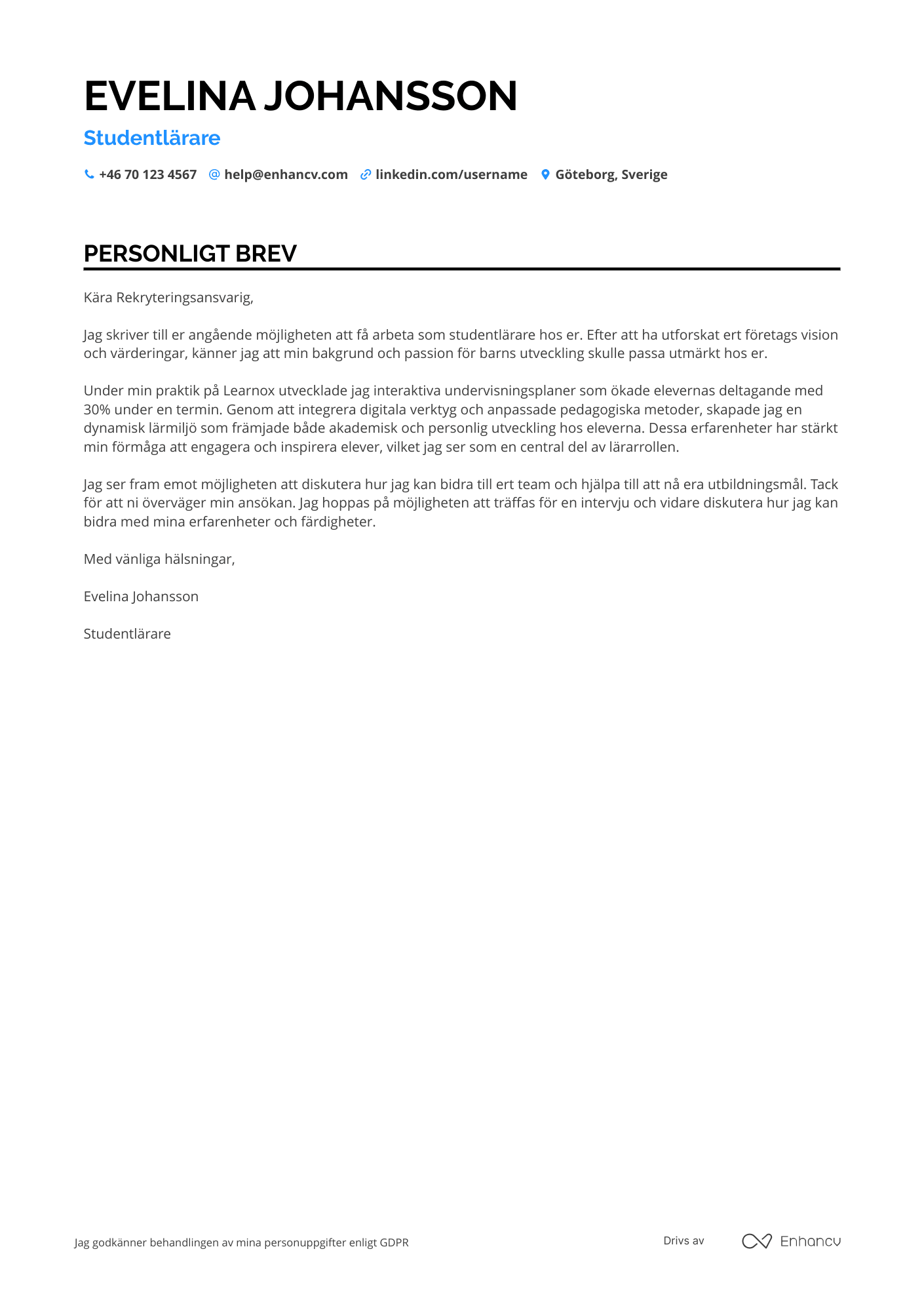 Personligt brev för Student Teacher Resume Example