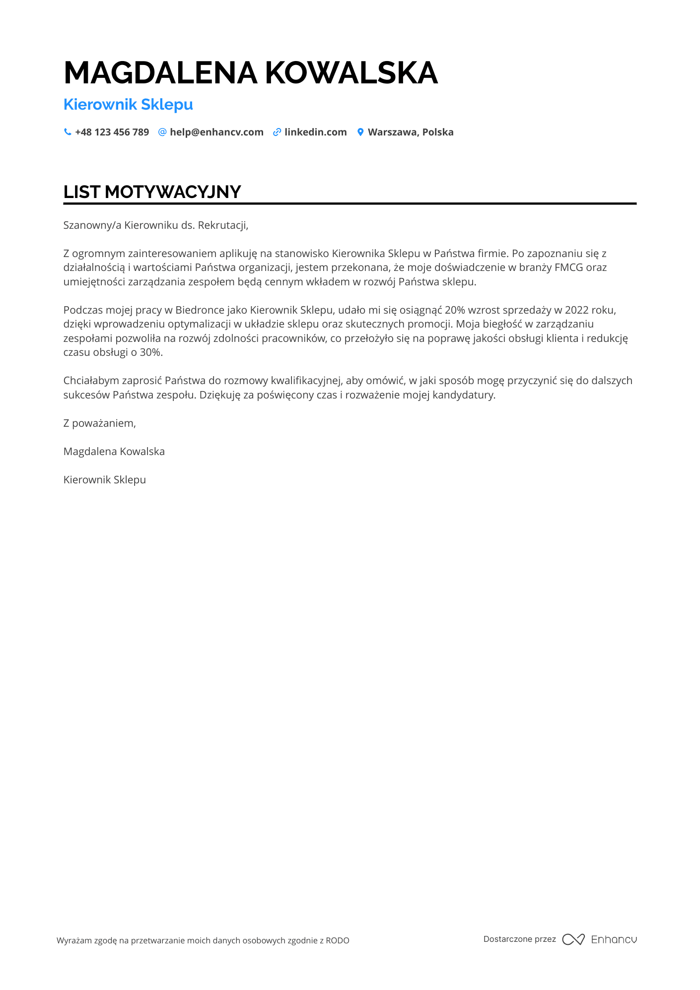 List motywacyjny dla Kierownik Sklepu FMCG Resume Example