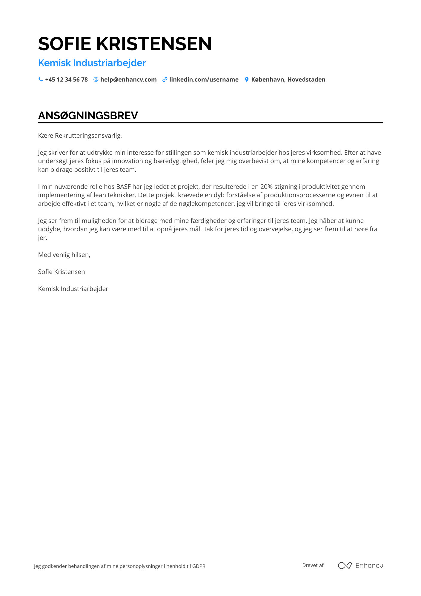 Ansøgningsbrev til Kemisk industriarbejder Resume Example