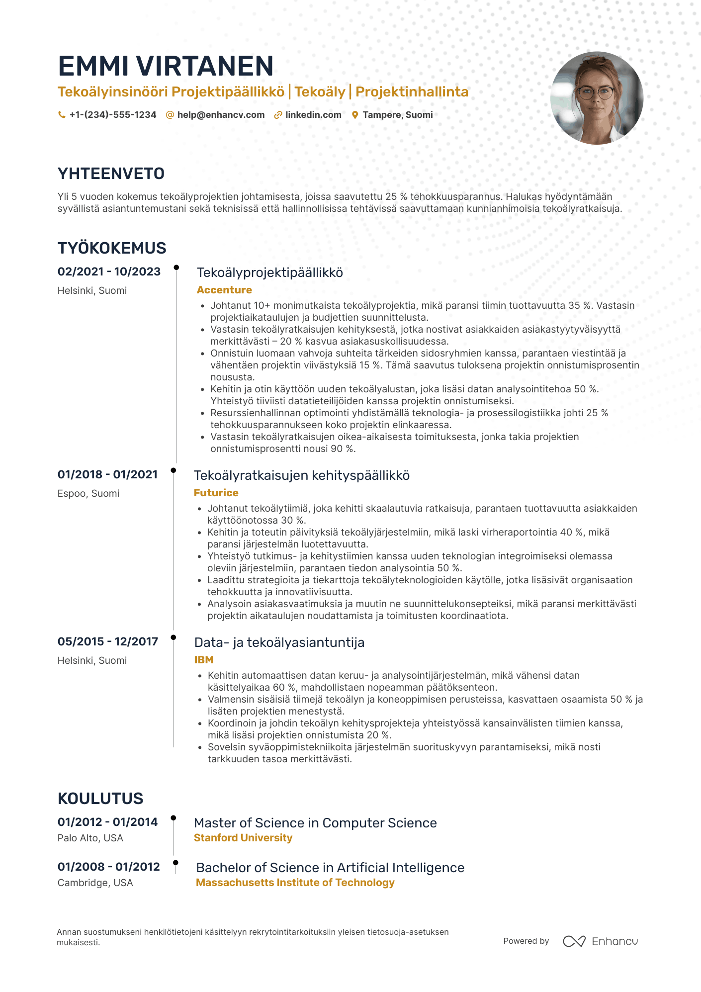 Ansioluettelo Tekoälyinsinööri projektipäällikkö Resume Example