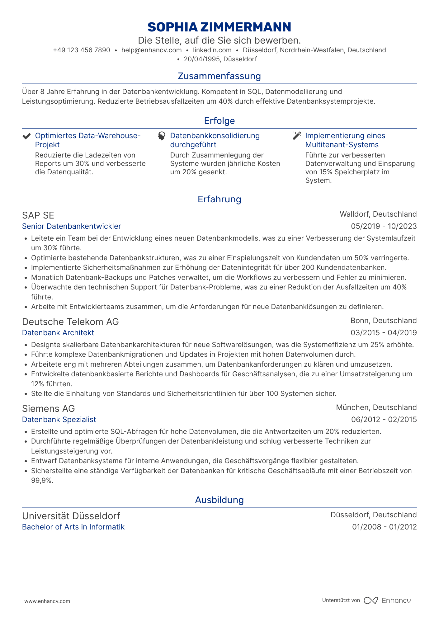 Lebenslauf als Softwareentwickler Spezialist für Datenbanken Resume Example