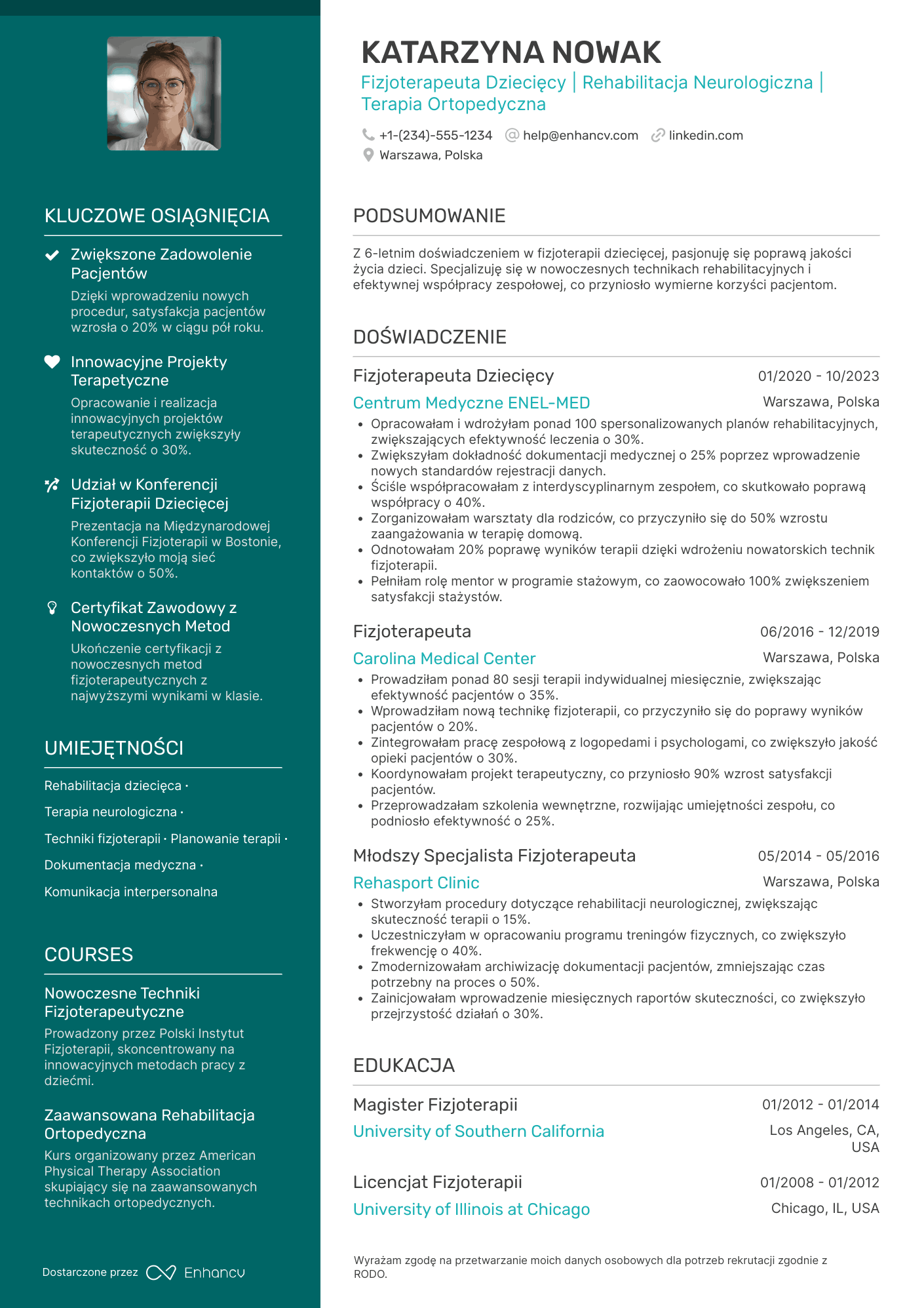 CV dla Fizjoterapeuta Dziecięcy Resume Example