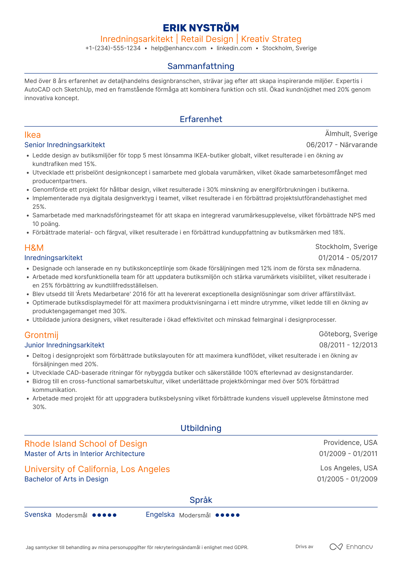 CV för Inredningsarkitekt Retail Design Resume Example