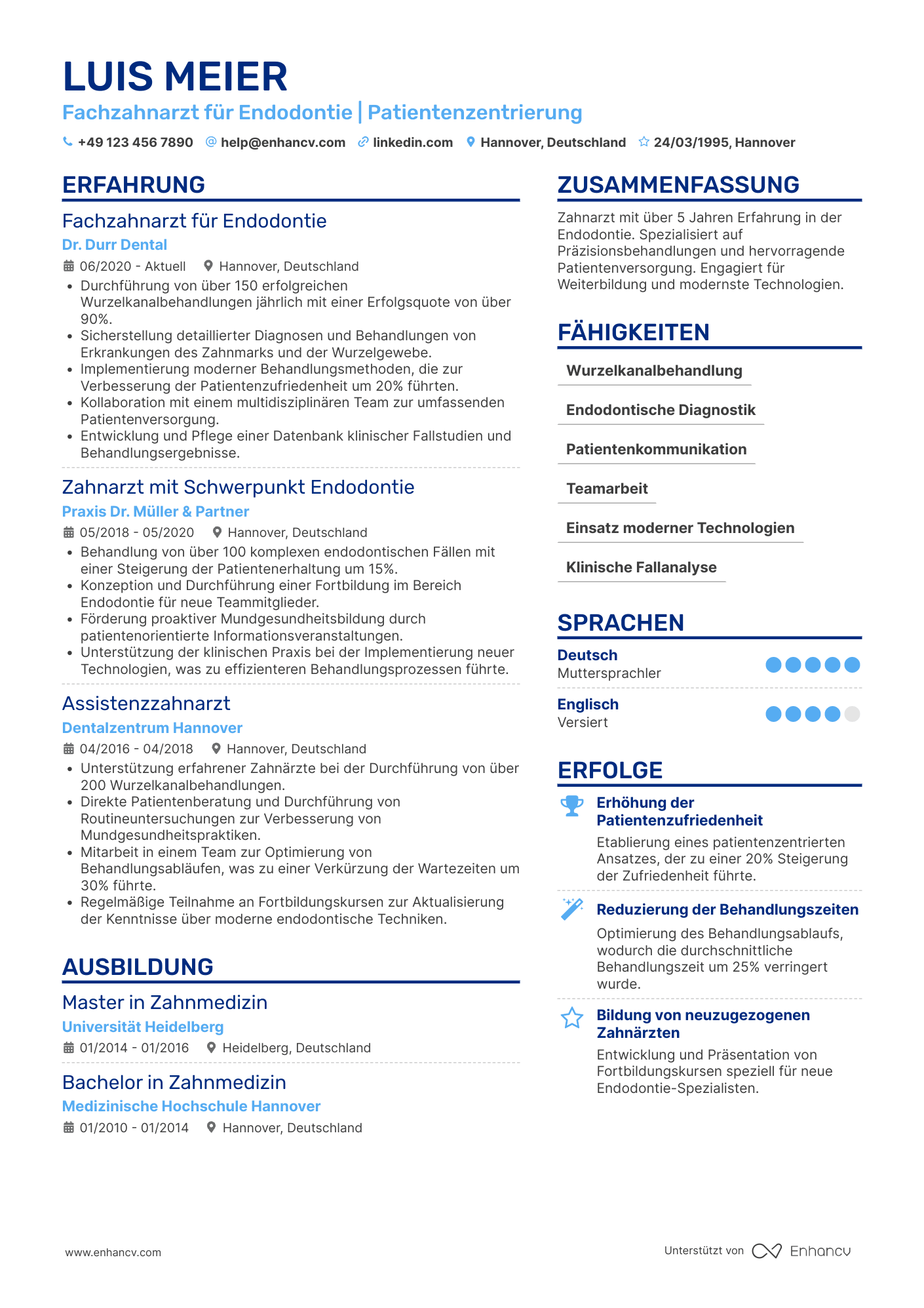 Lebenslauf als Zahnarzt für Endodontie Resume Example