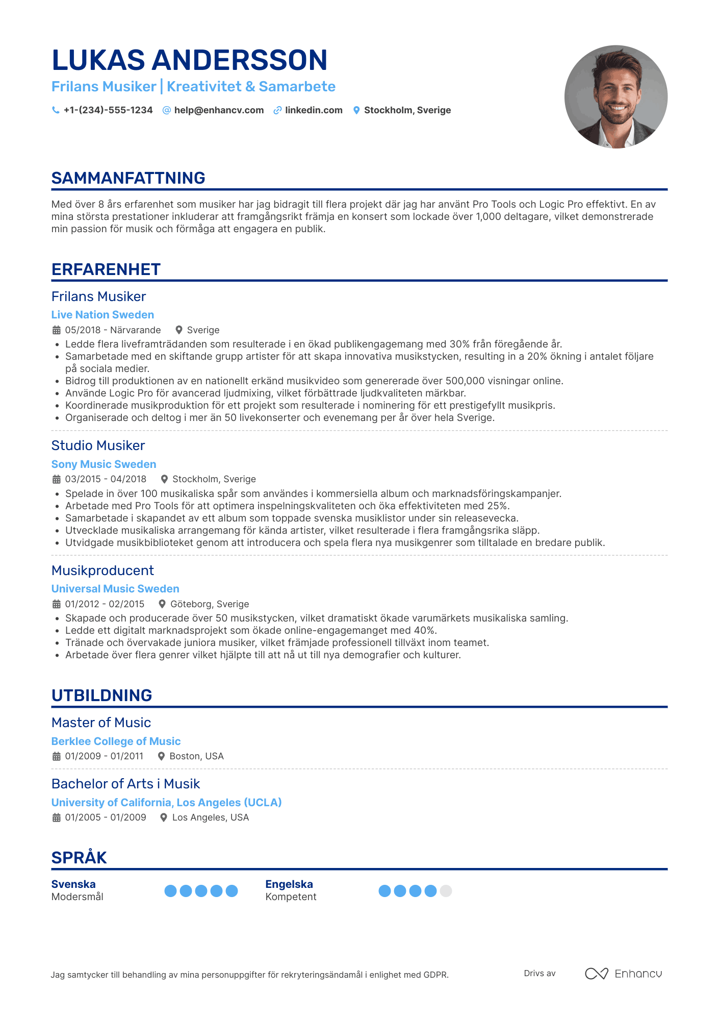CV för Frilans Musiker Resume Example