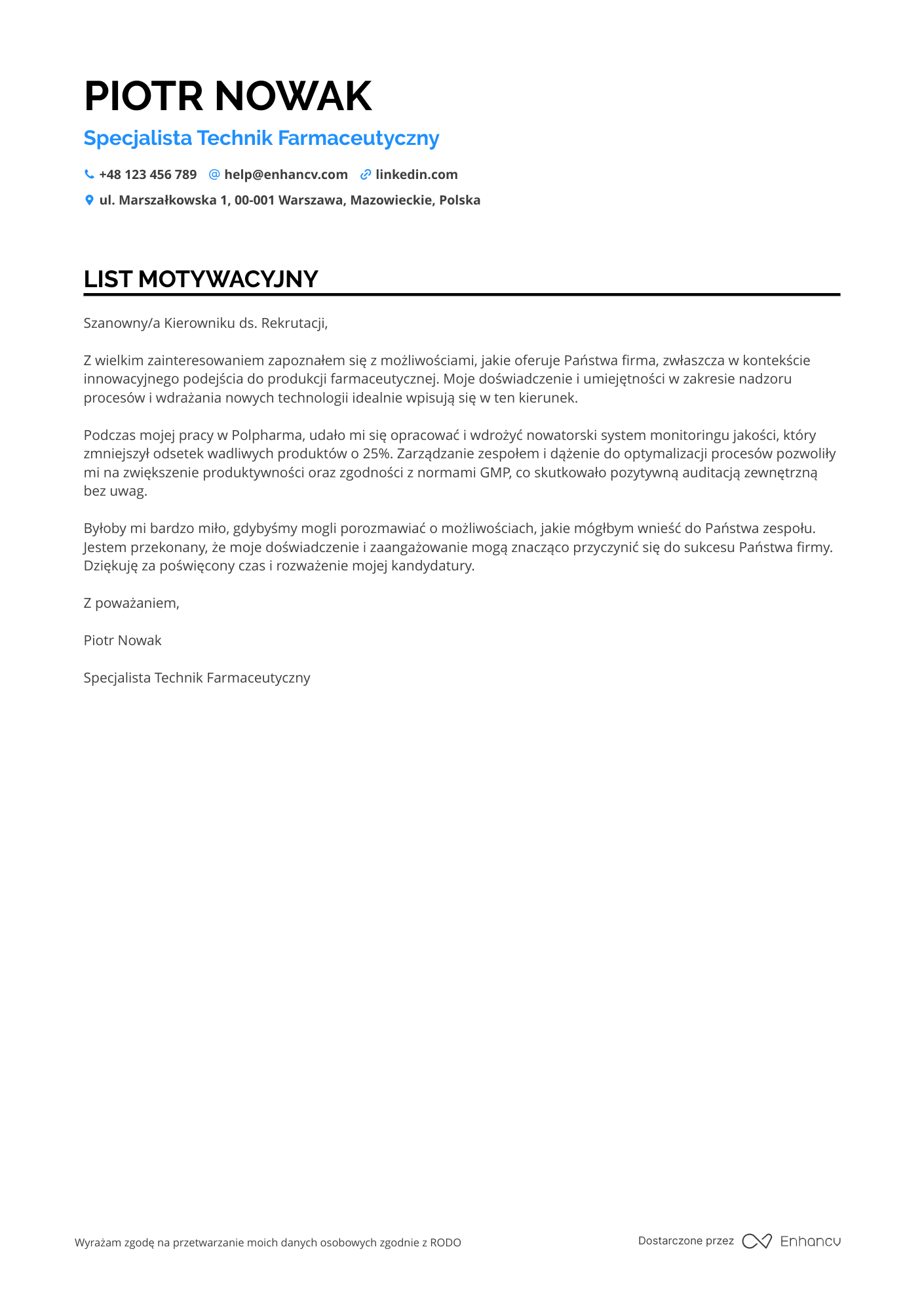 List motywacyjny dla Specjalista Technik Farmaceutyczny w Przemysle Resume Example