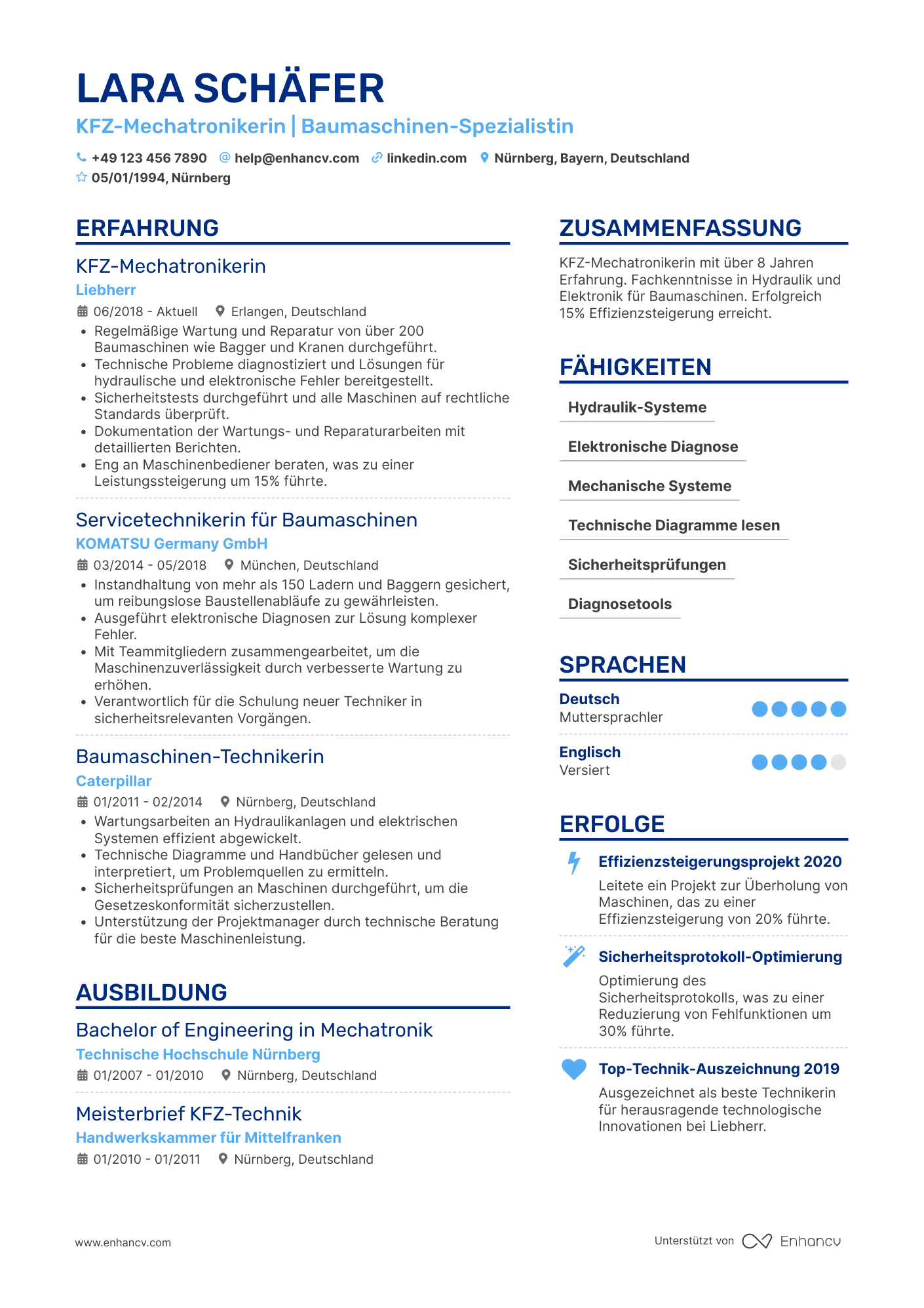 Lebenslauf als KFZ Mechatroniker für Baumaschinen Resume Example