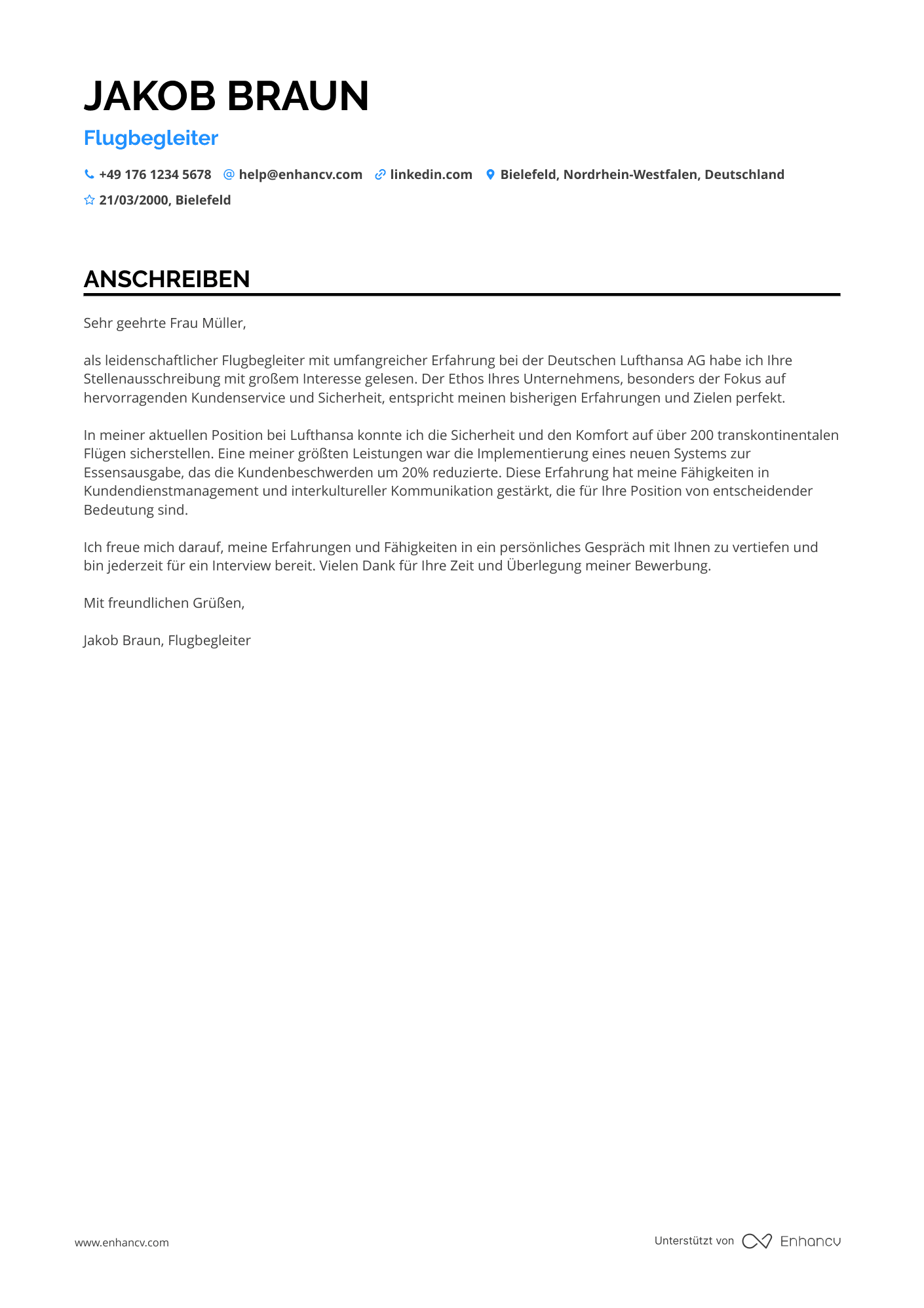 Flugbegleiter für Transatlantikflüge Resume Example
