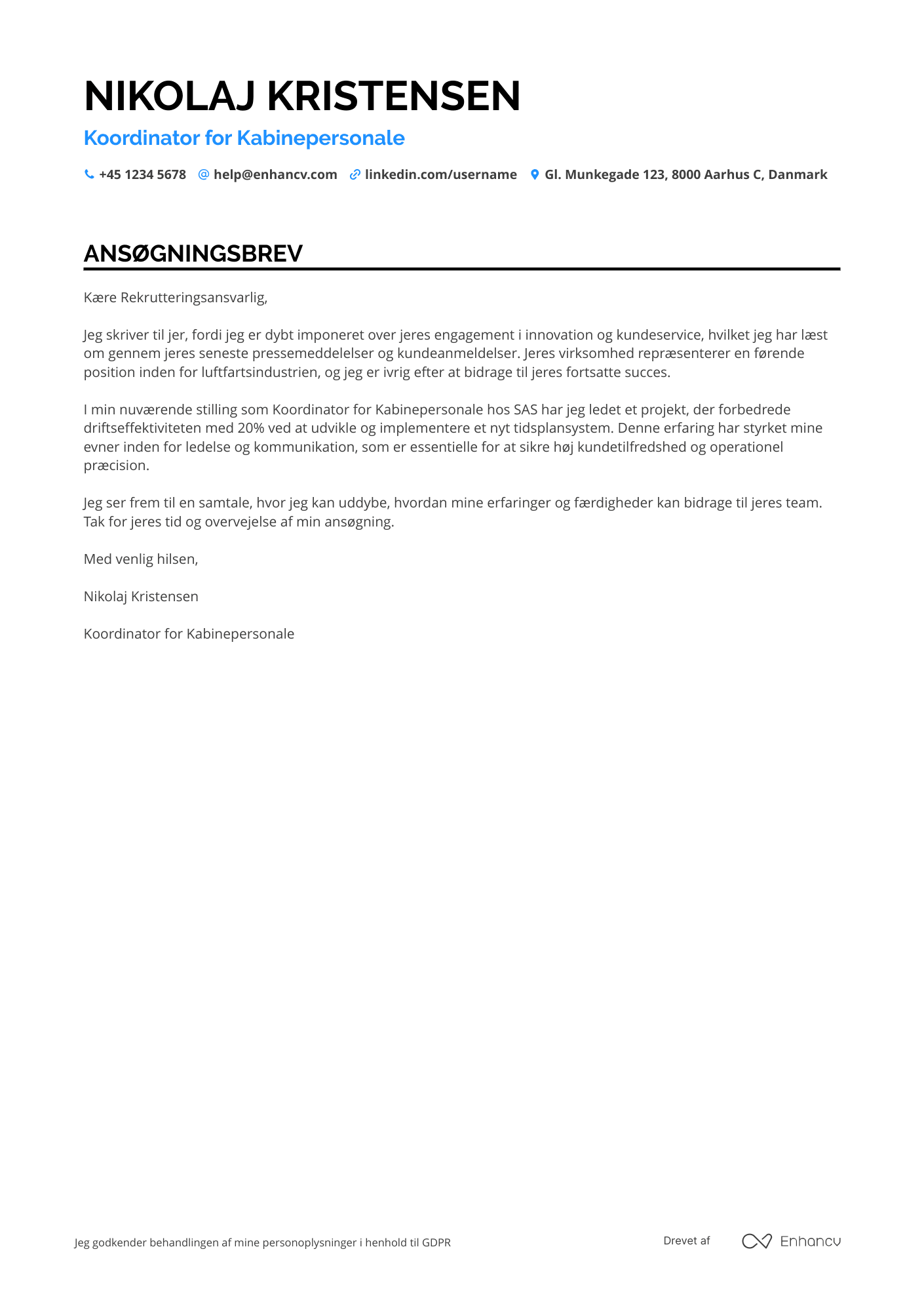 Ansøgningsbrev til Koordinator for kabinepersonale Resume Example