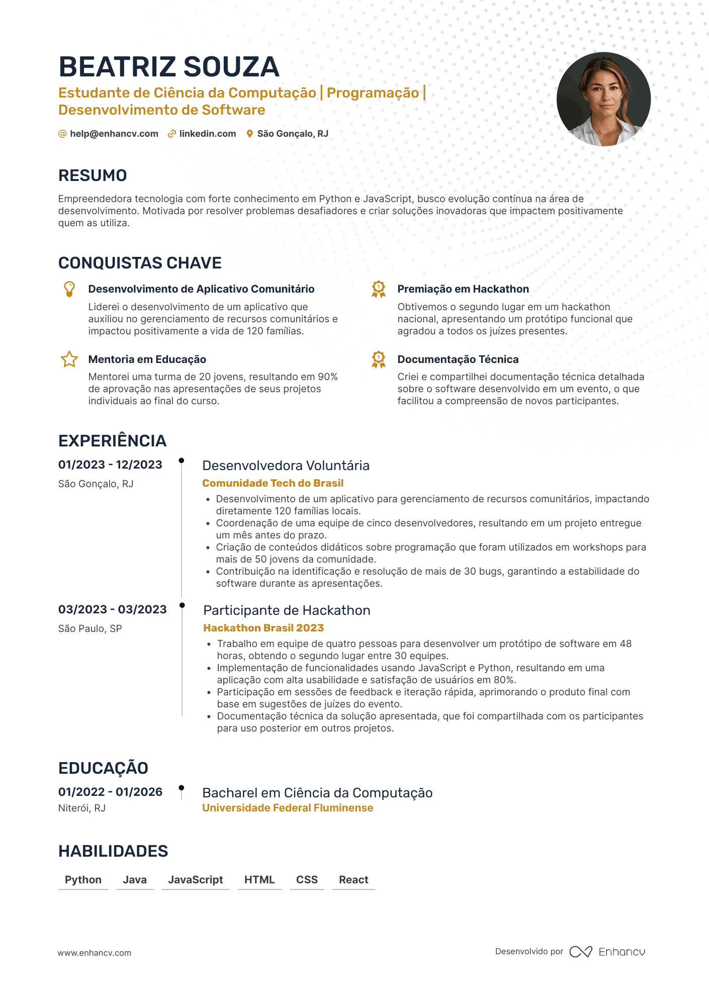 Estágio de programador Resume Example