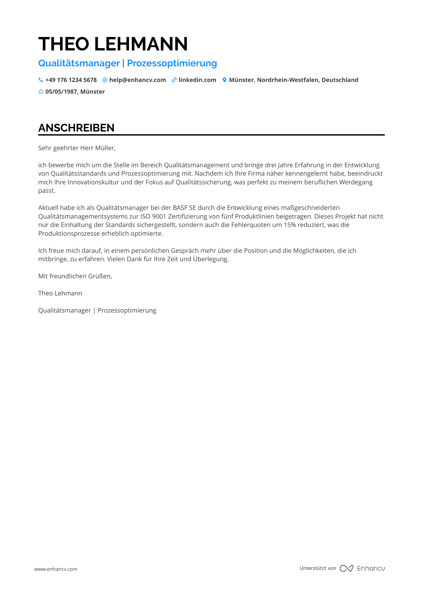 Akademiker im Qualitätsmanagement Resume Example