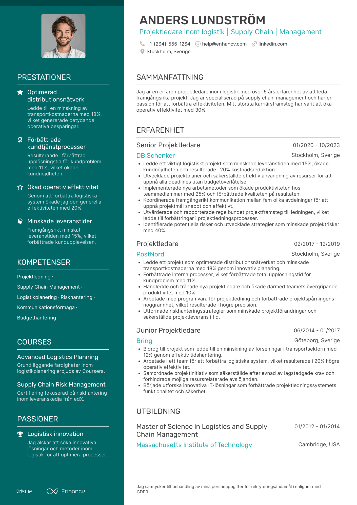 CV för Projektledare inom logistik Resume Example