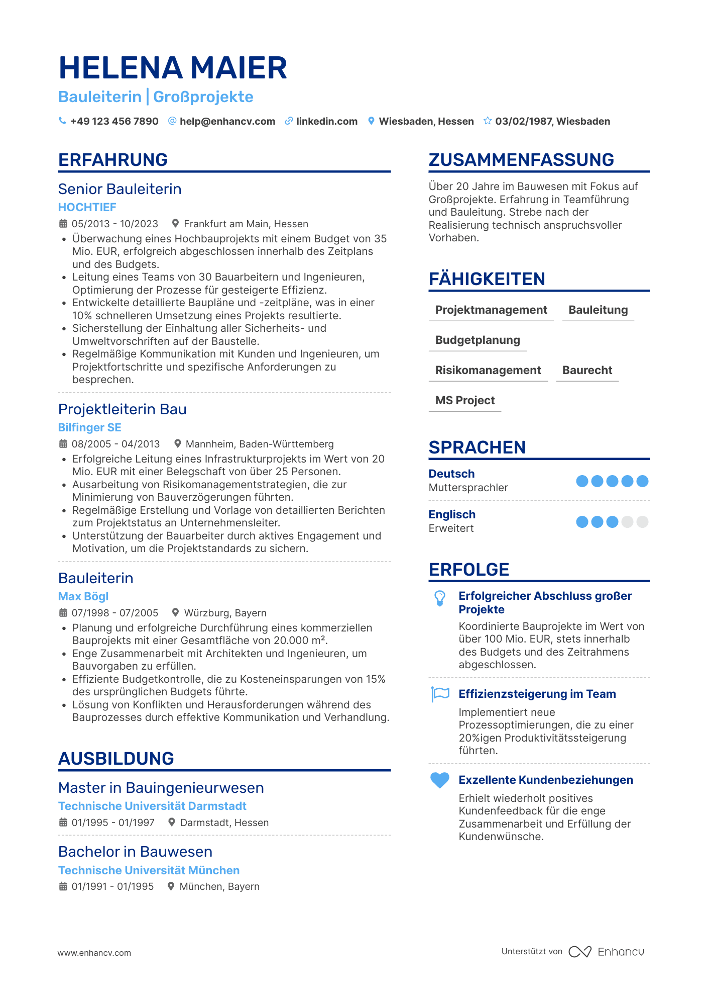 Lebenslauf als Bauleiter mit 20 Jahren Erfahrung Resume Example