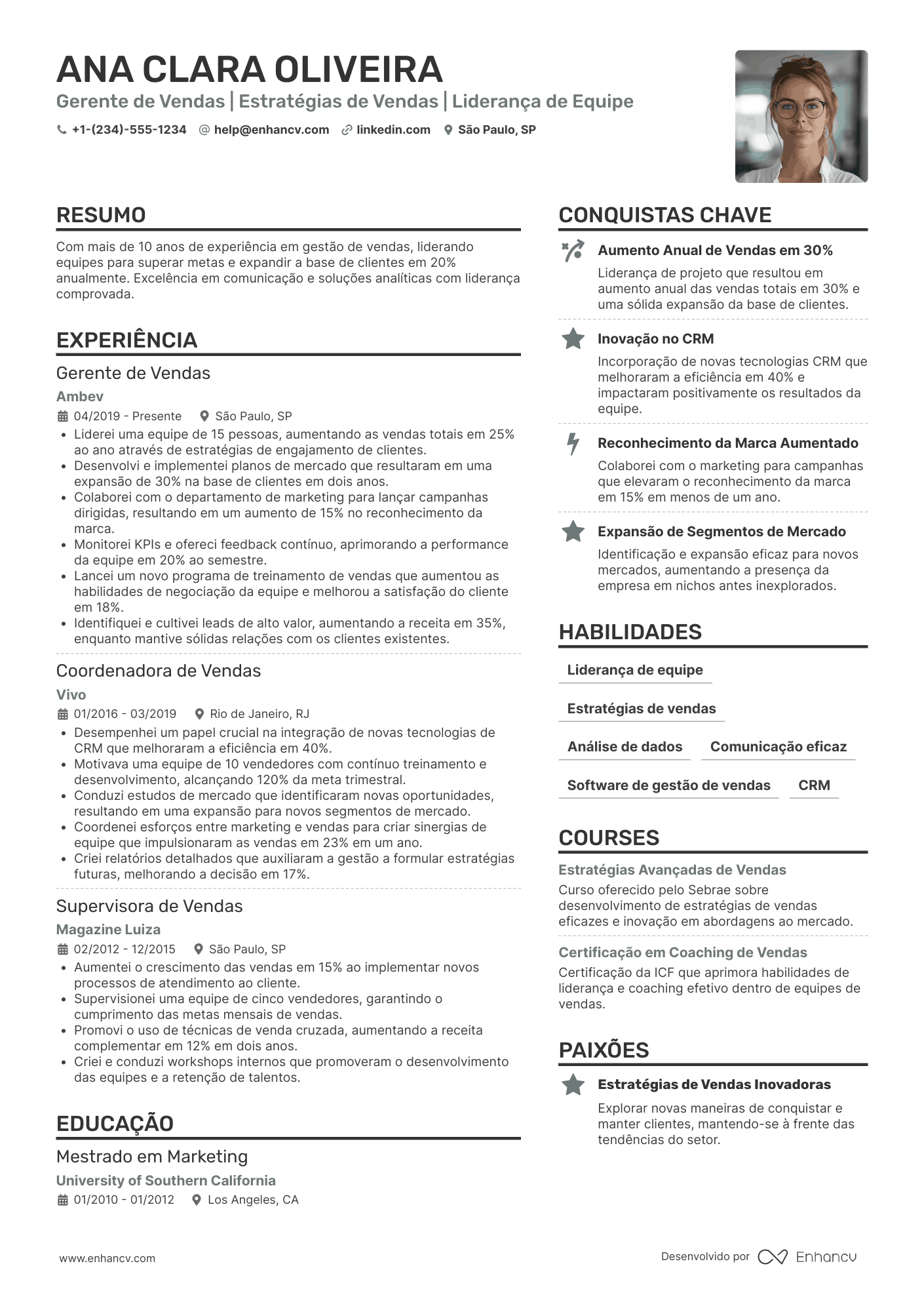 Currículo gerente de vendas Resume Example