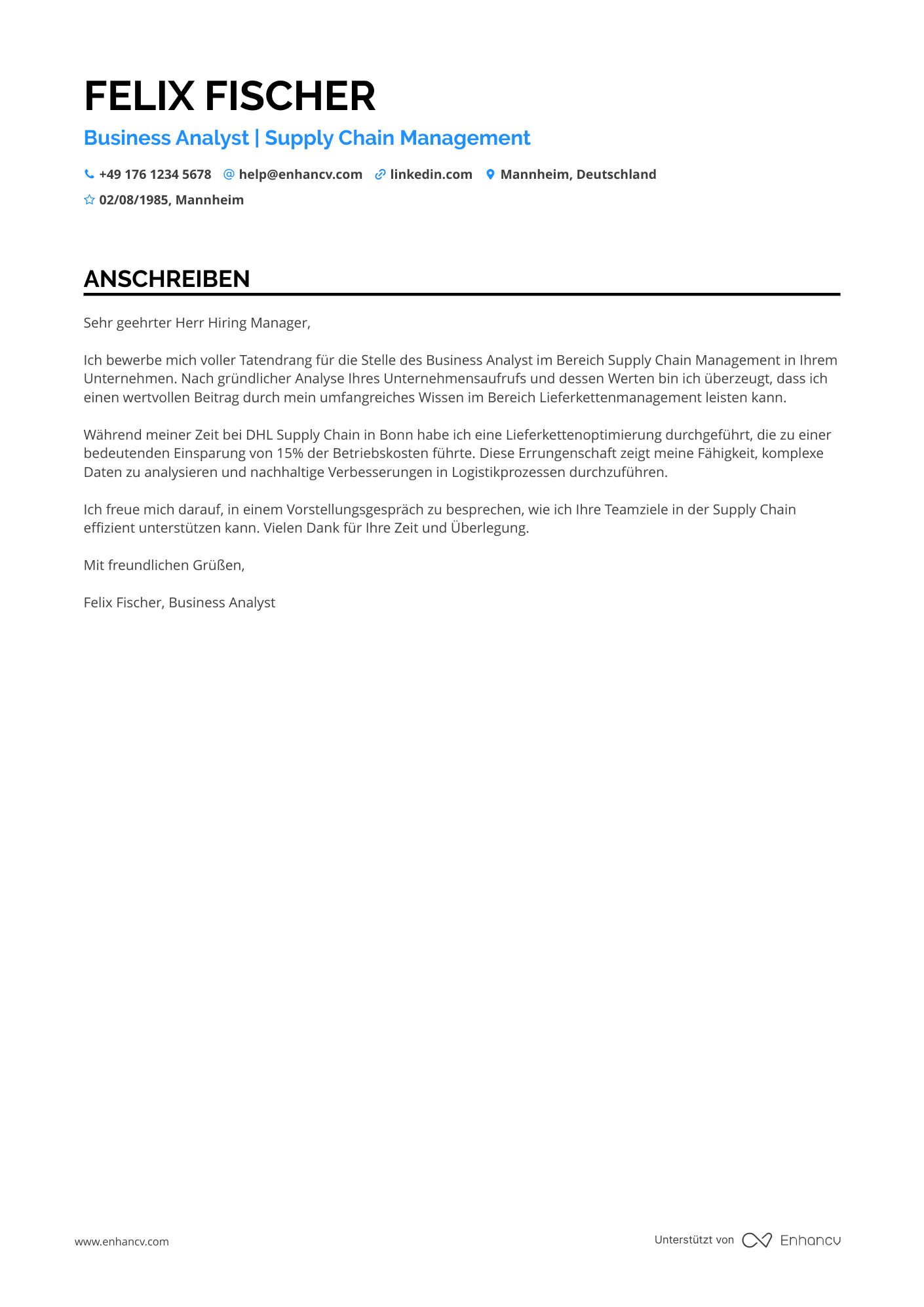 Business Analyst für Supply Chain Management Resume Example
