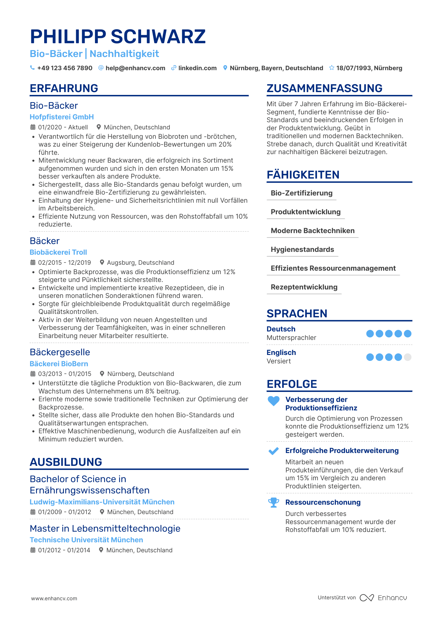 Lebenslauf als Bio Bäcker Resume Example