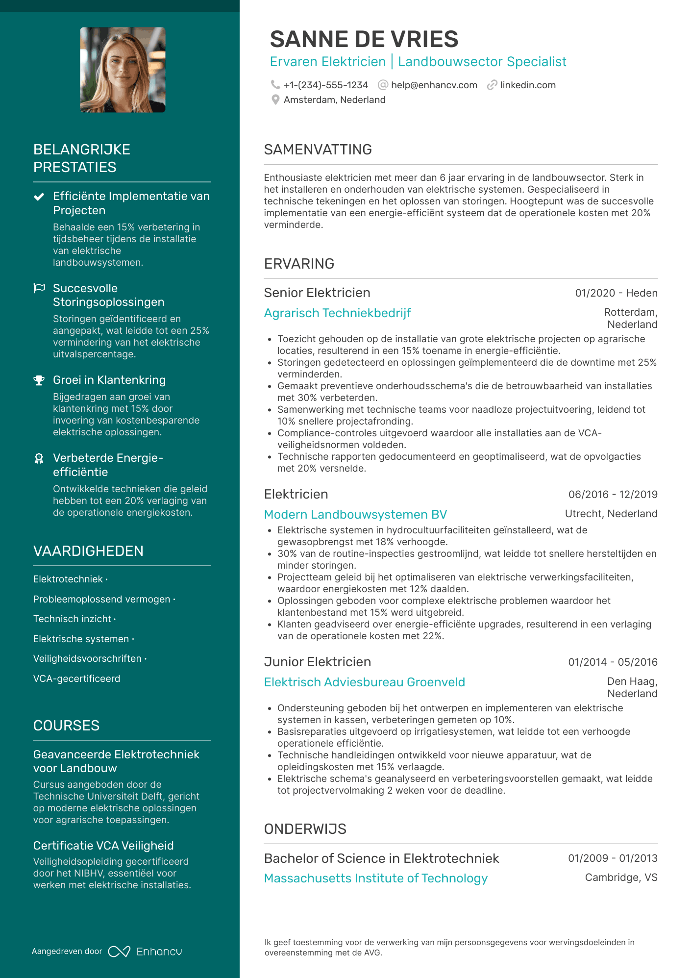 CV voor Elektricien voor de Landbouw Resume Example