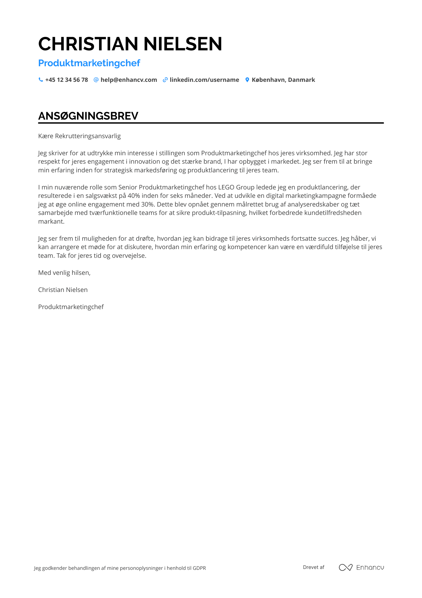 Ansøgningsbrev til Produktmarketingchef Resume Example