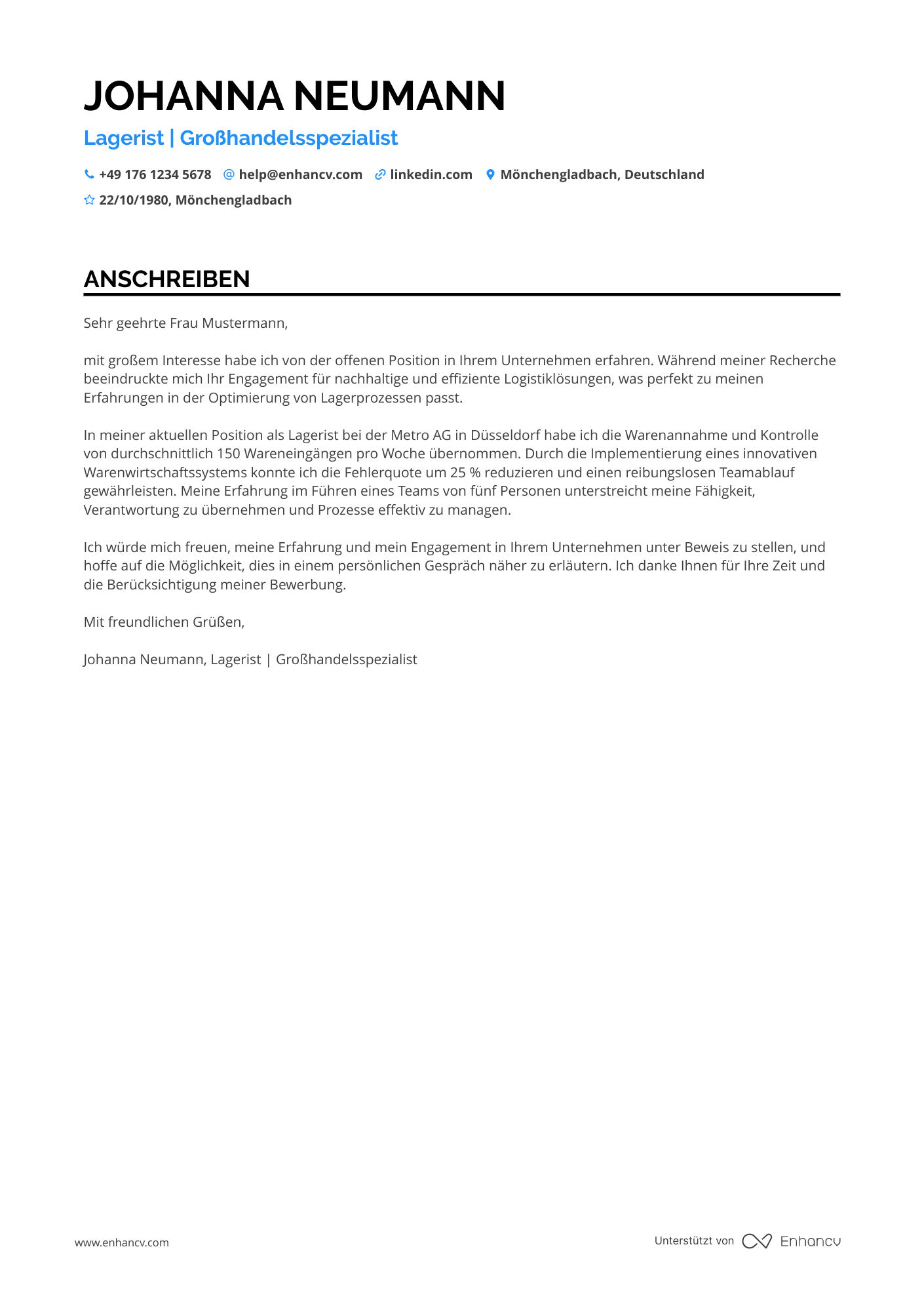 Lagerist im Großhandel Resume Example