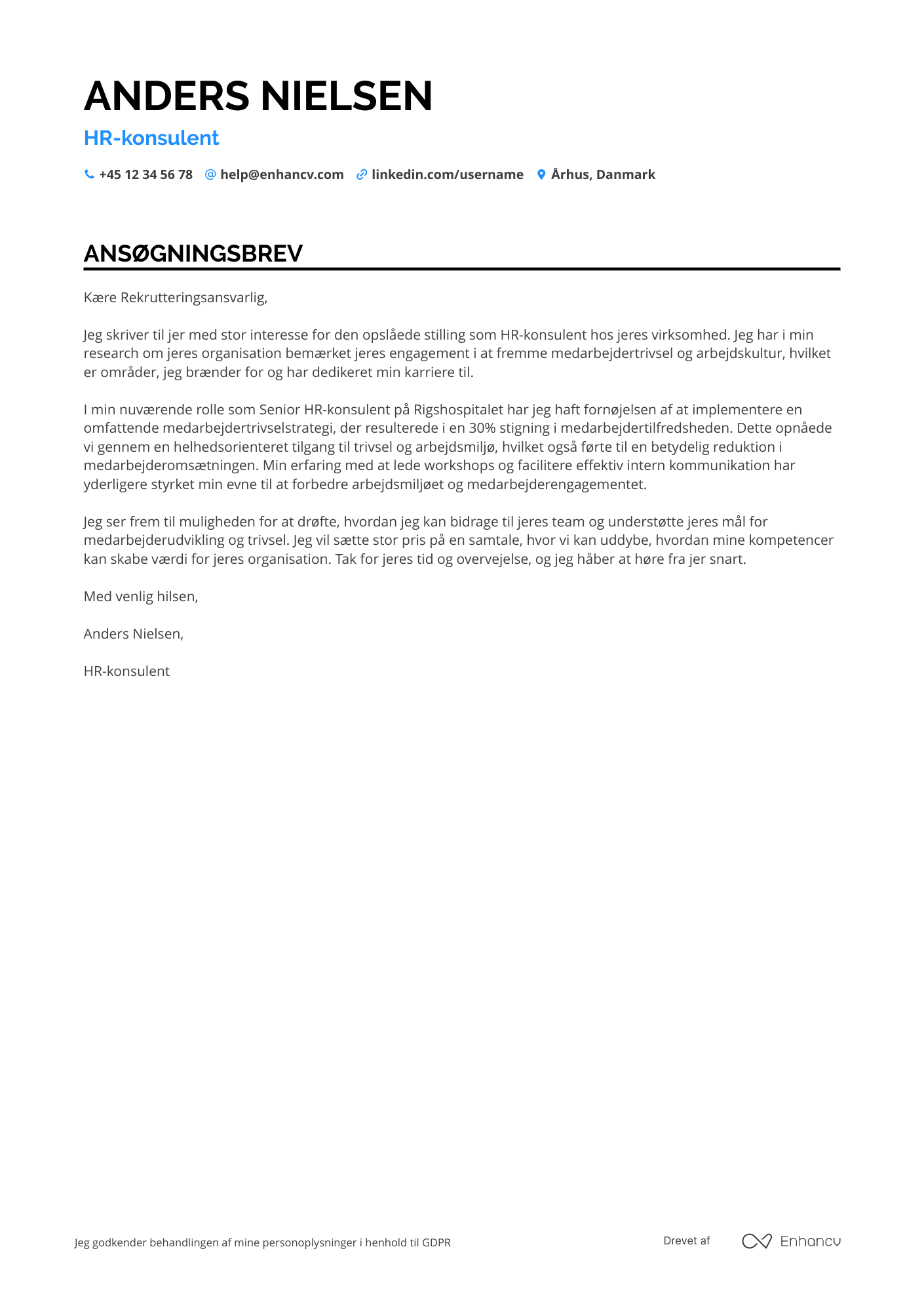 Ansøgningsbrev til HR konsulent – sundhed Resume Example