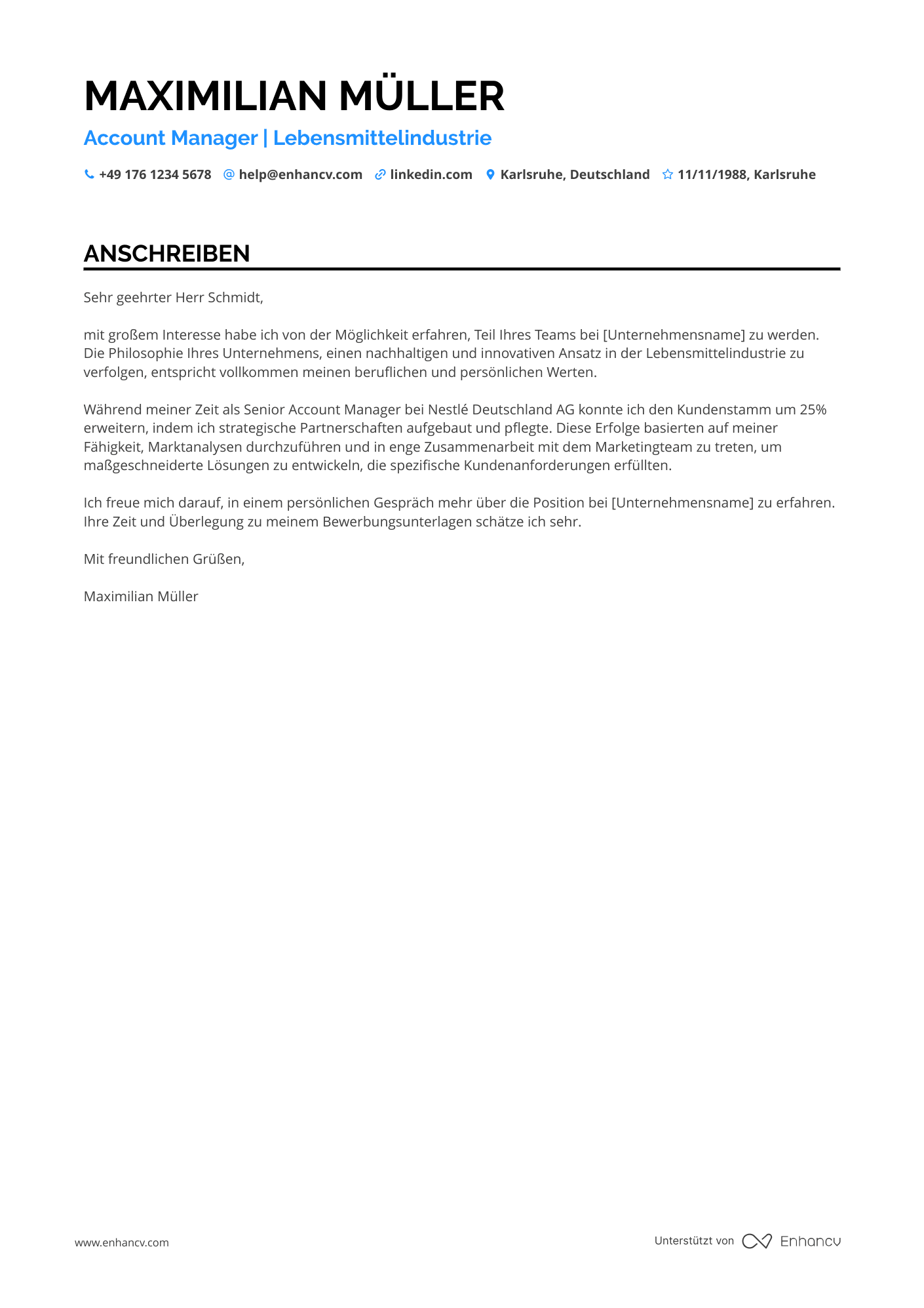 Account Manager für die Lebensmittelindustrie Resume Example