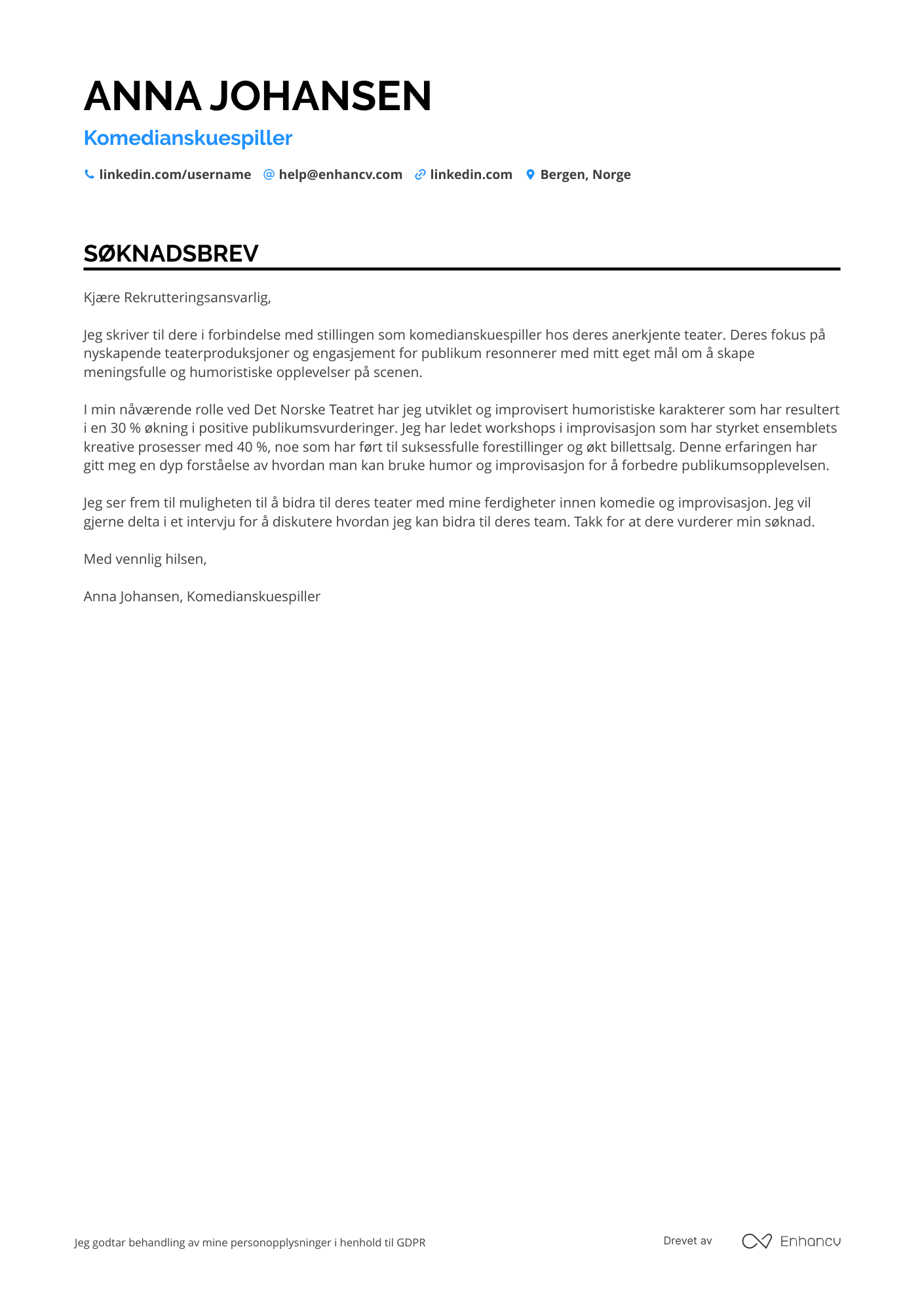 Søknadsbrev for Komedianskuespiller Resume Example