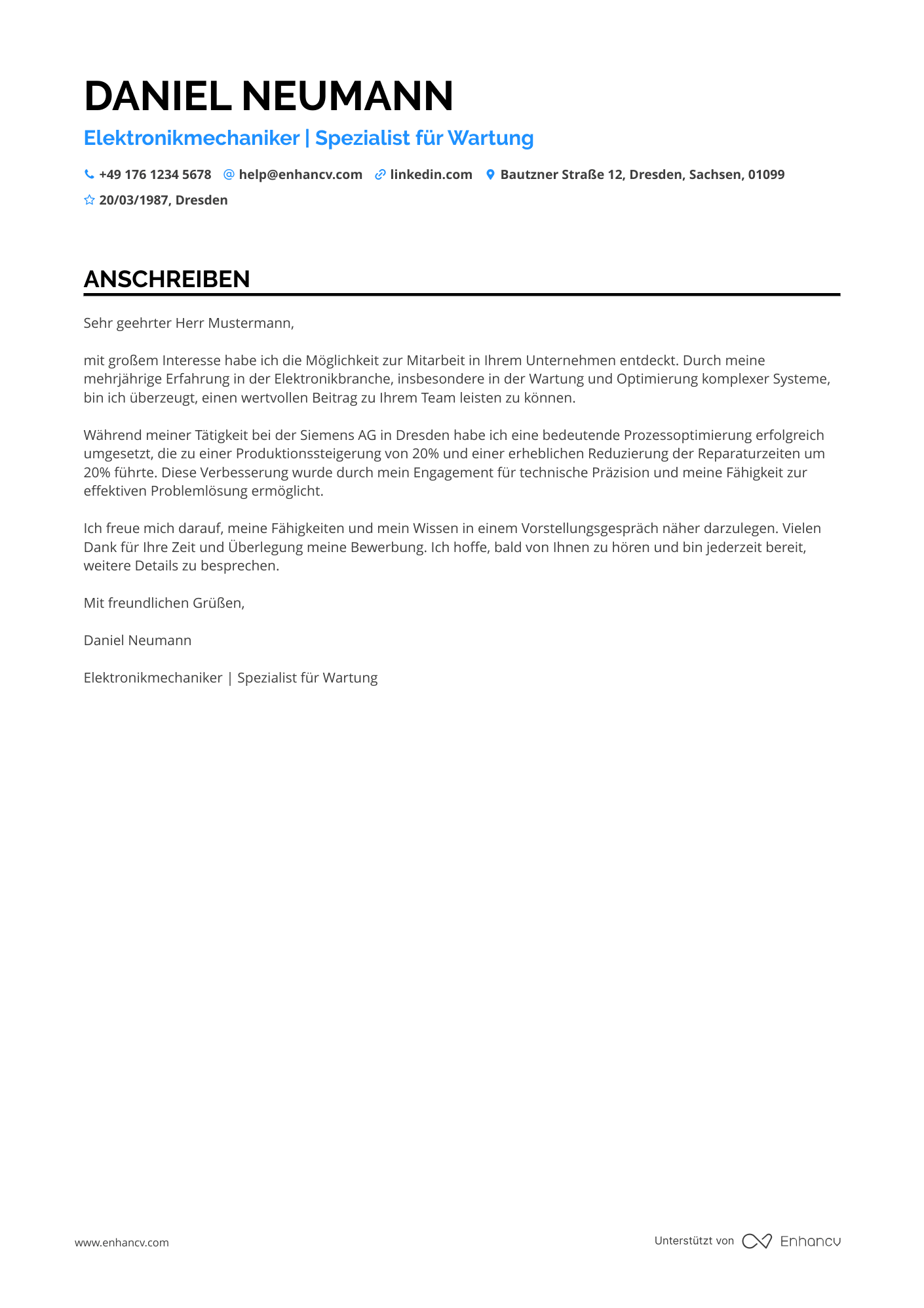 Elektronikindustrie Mechaniker Resume Example