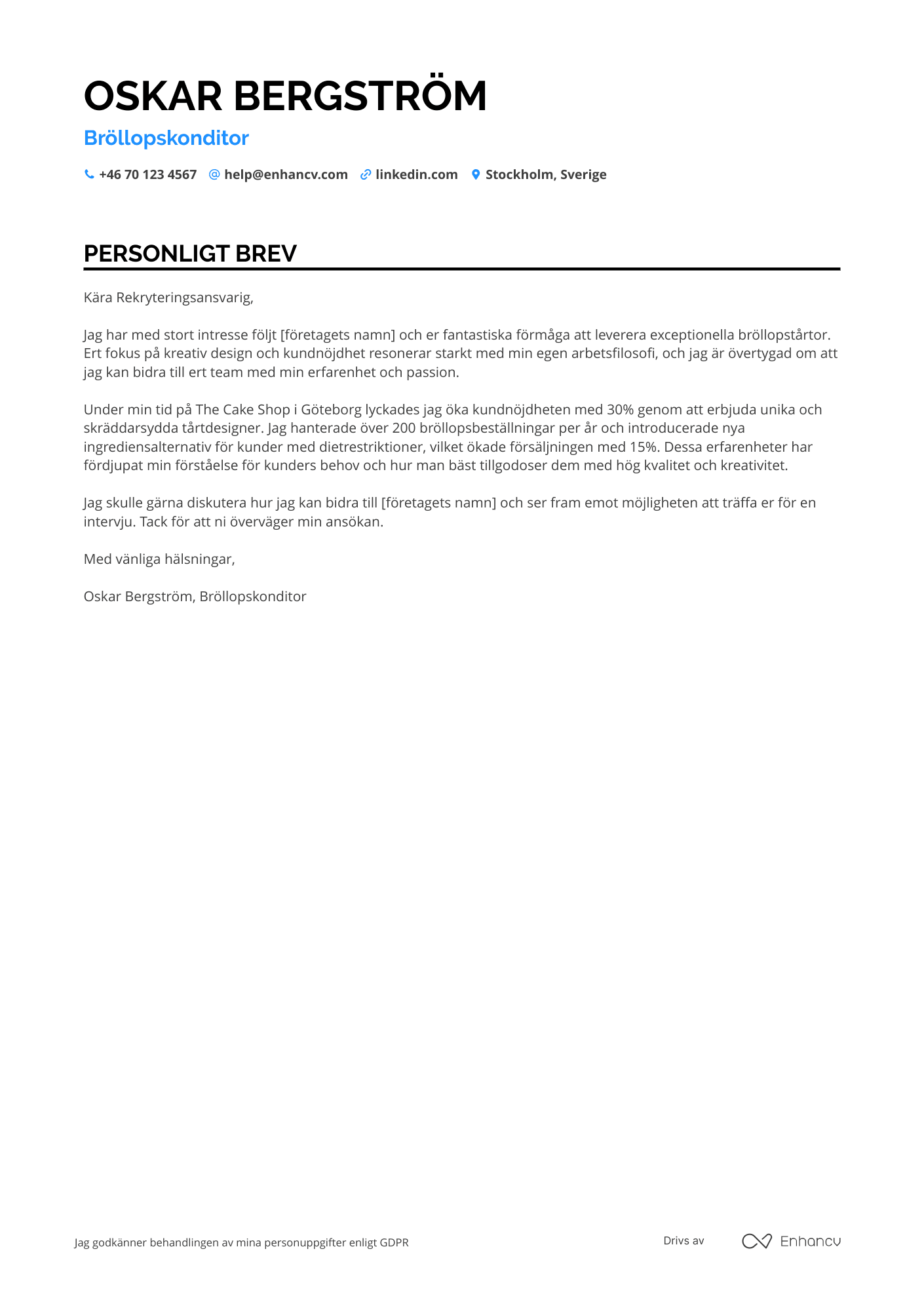 Personligt brev för Bröllopskonditor Resume Example