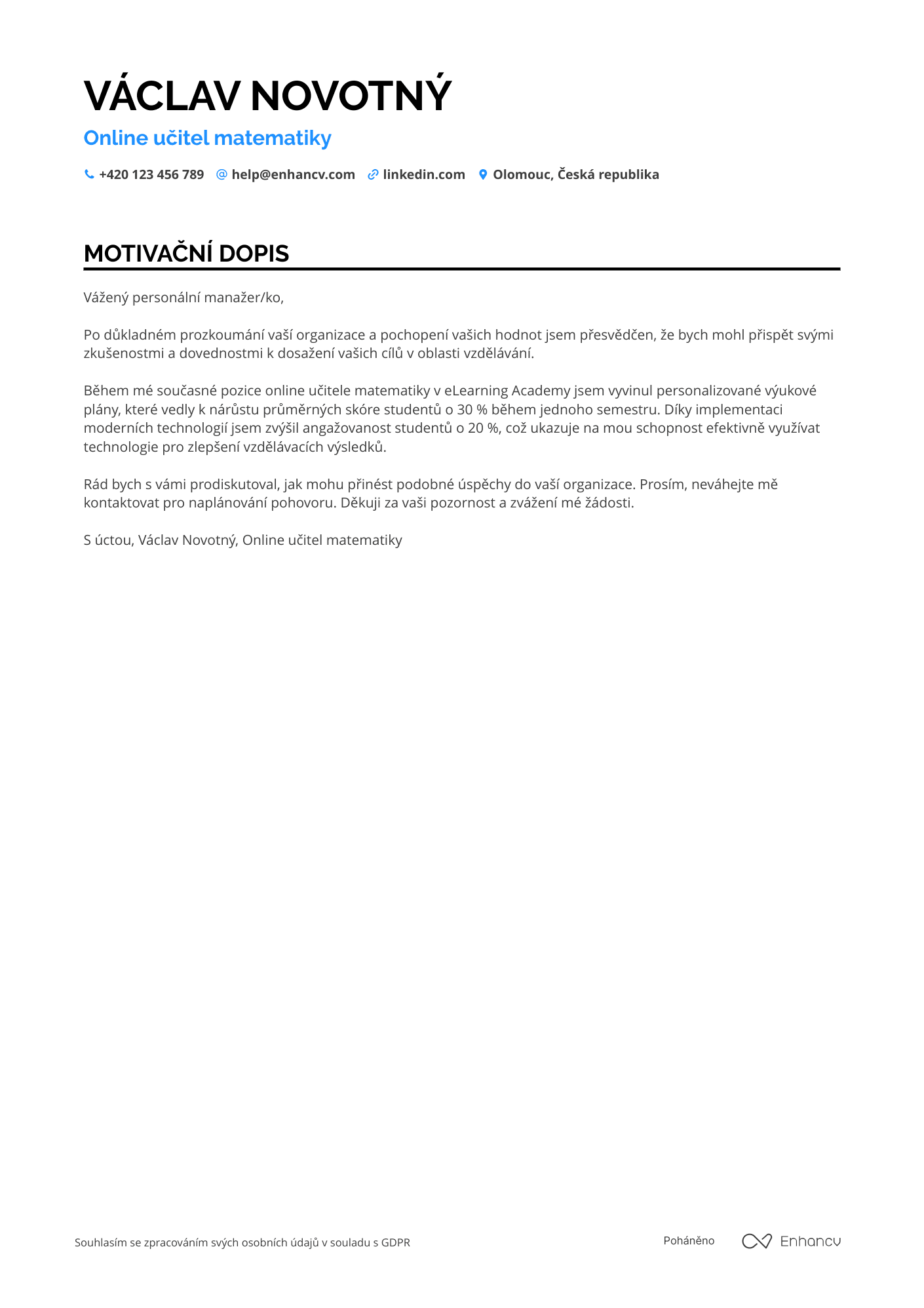 Motivační dopis pro Online učitel matematiky Resume Example