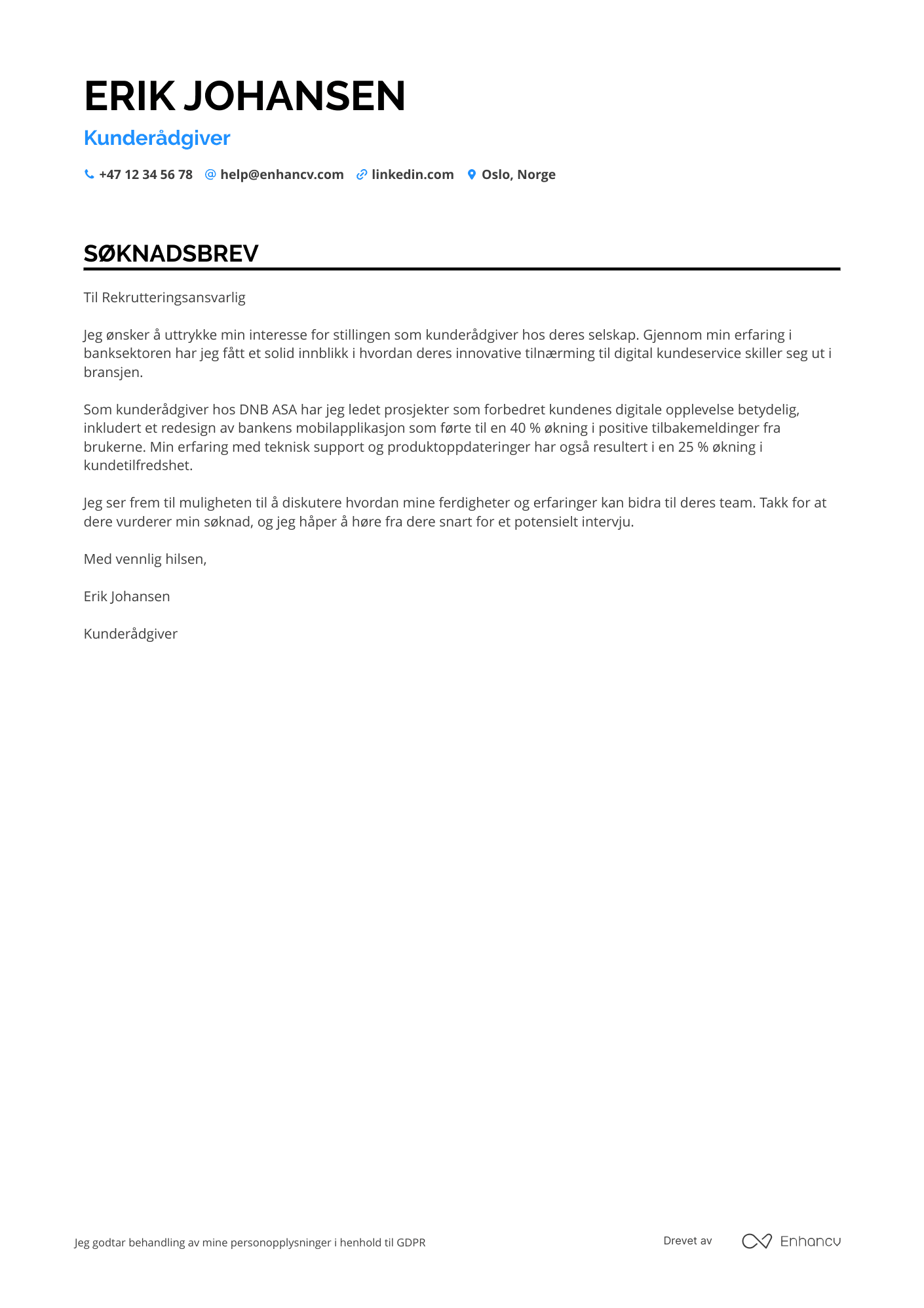 Søknadsbrev for Kunderådgiver i Online Bank Resume Example